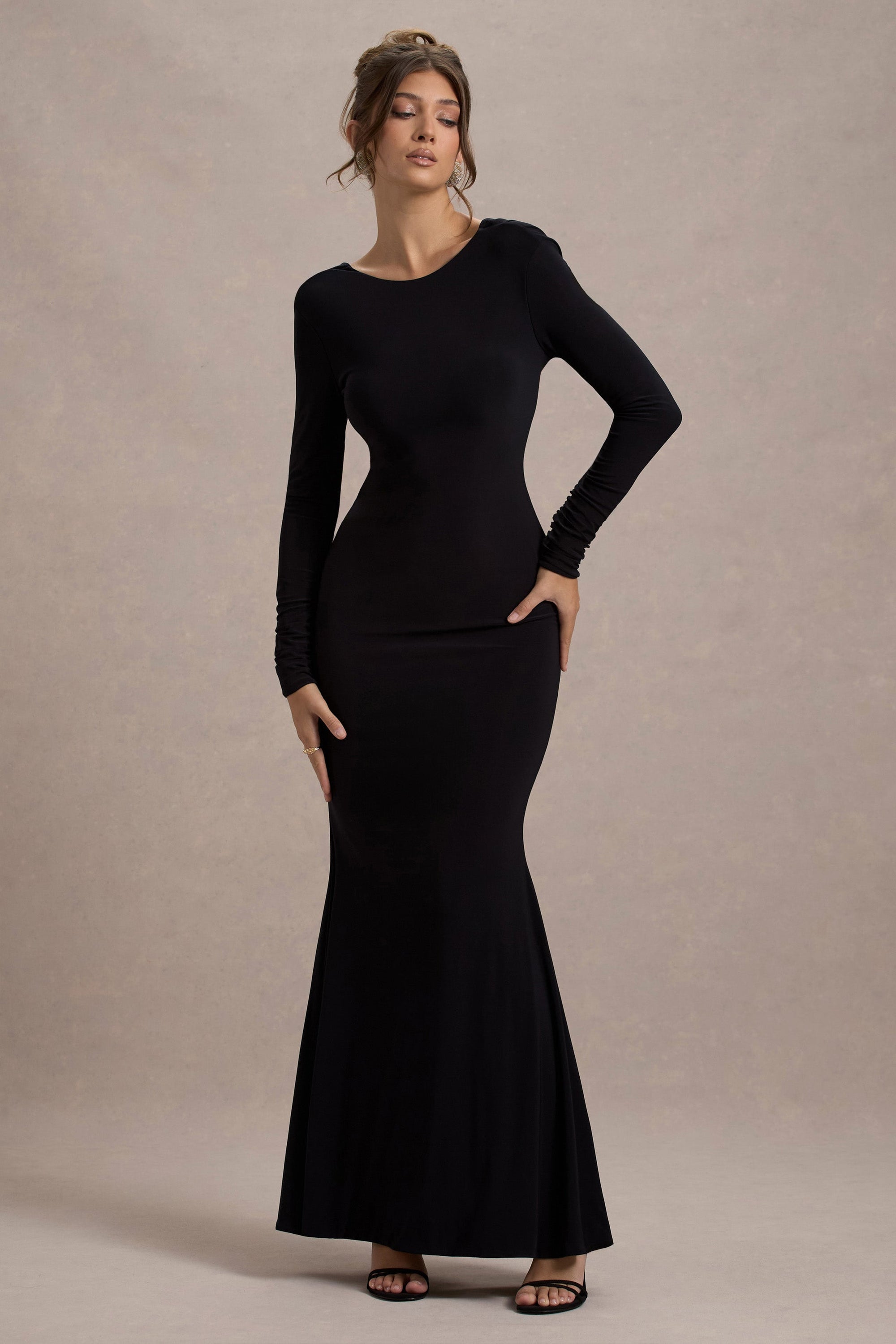 Rosalee | Black Long-Sleeve Cowl-Back Maxi Dress With Bows - Club L London - AUS