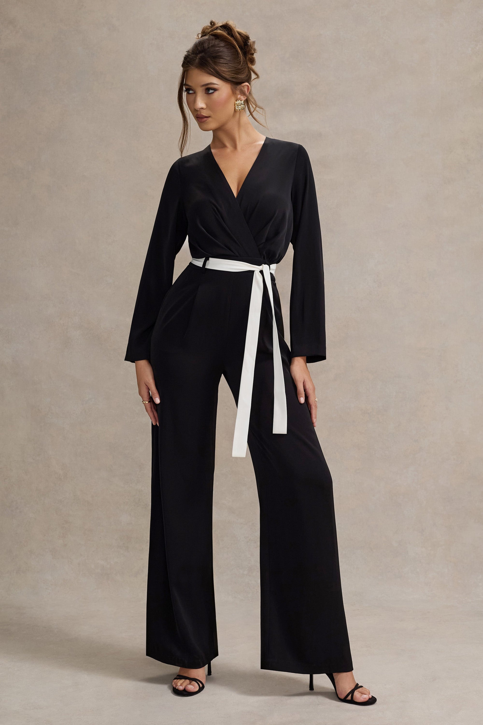 Ruba | Black Tailored Plunge Jumpsuit With Tie Waist - Club L London - AUS