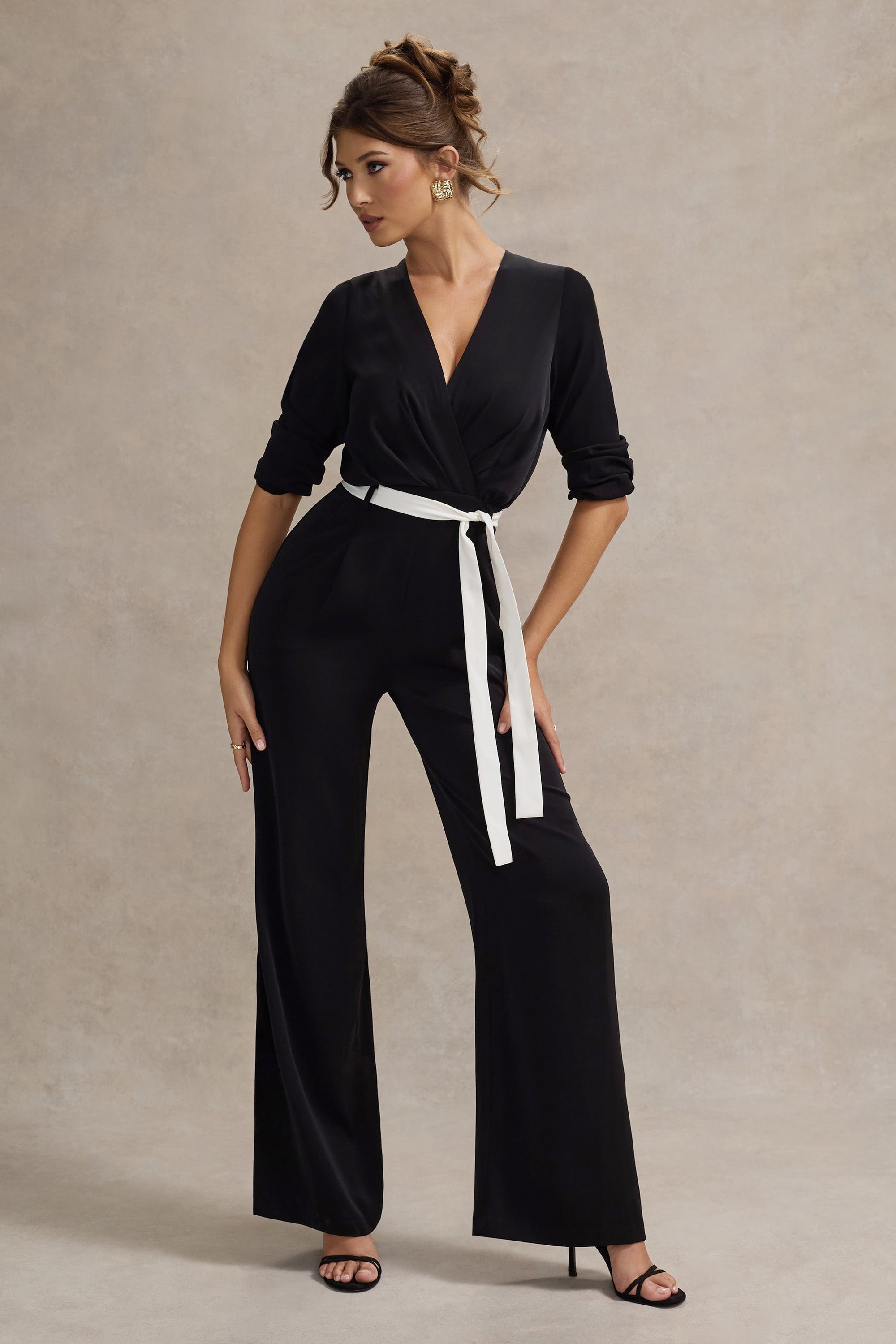 Ruba | Black Tailored Plunge Jumpsuit With Tie Waist - Club L London - AUS