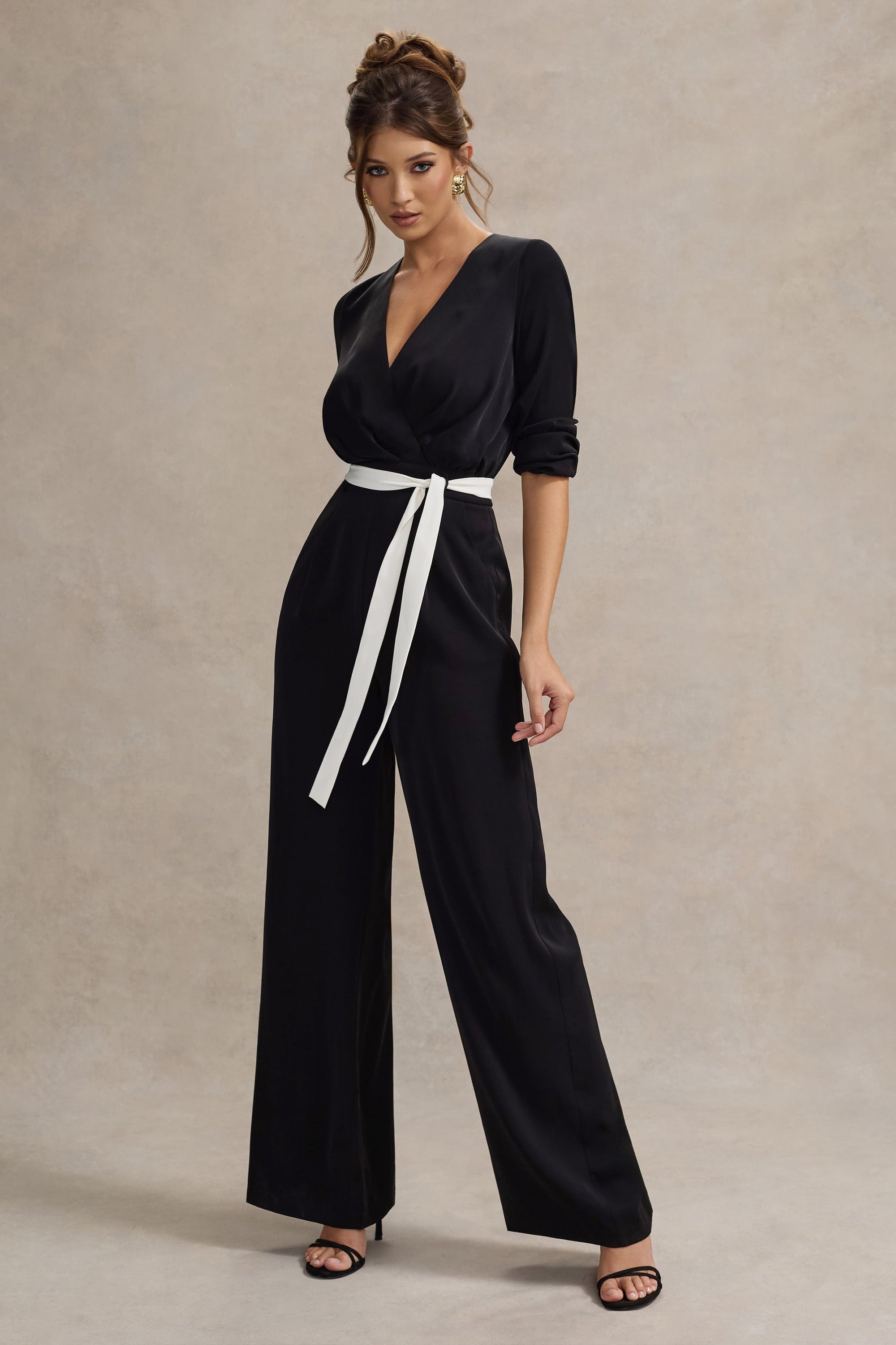 Ruba | Black Tailored Plunge Jumpsuit With Tie Waist - Club L London - AUS