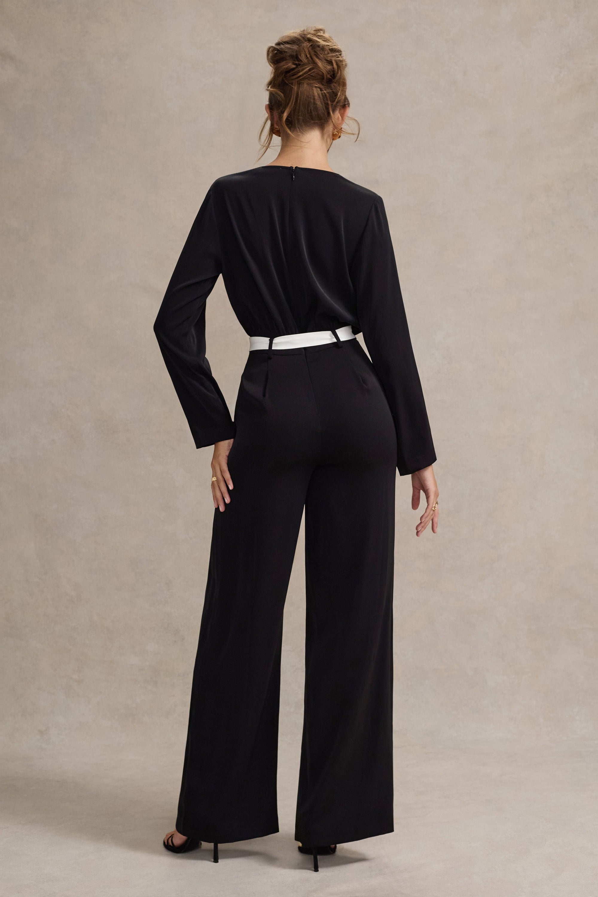 Ruba | Black Tailored Plunge Jumpsuit With Tie Waist - Club L London - AUS