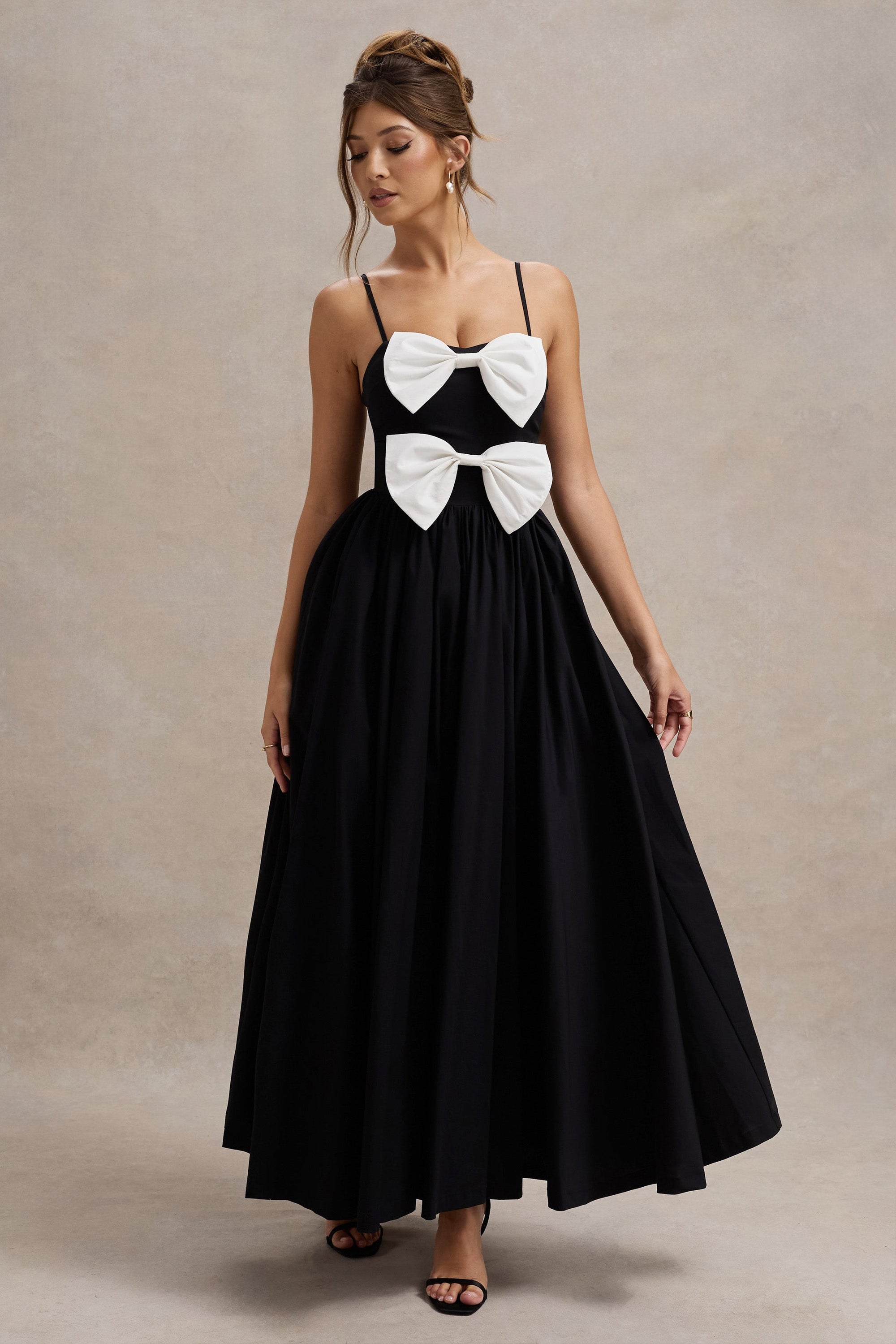 Loved Up | Black Strappy Pleated Maxi Dress With Bows - Club L London - AUS