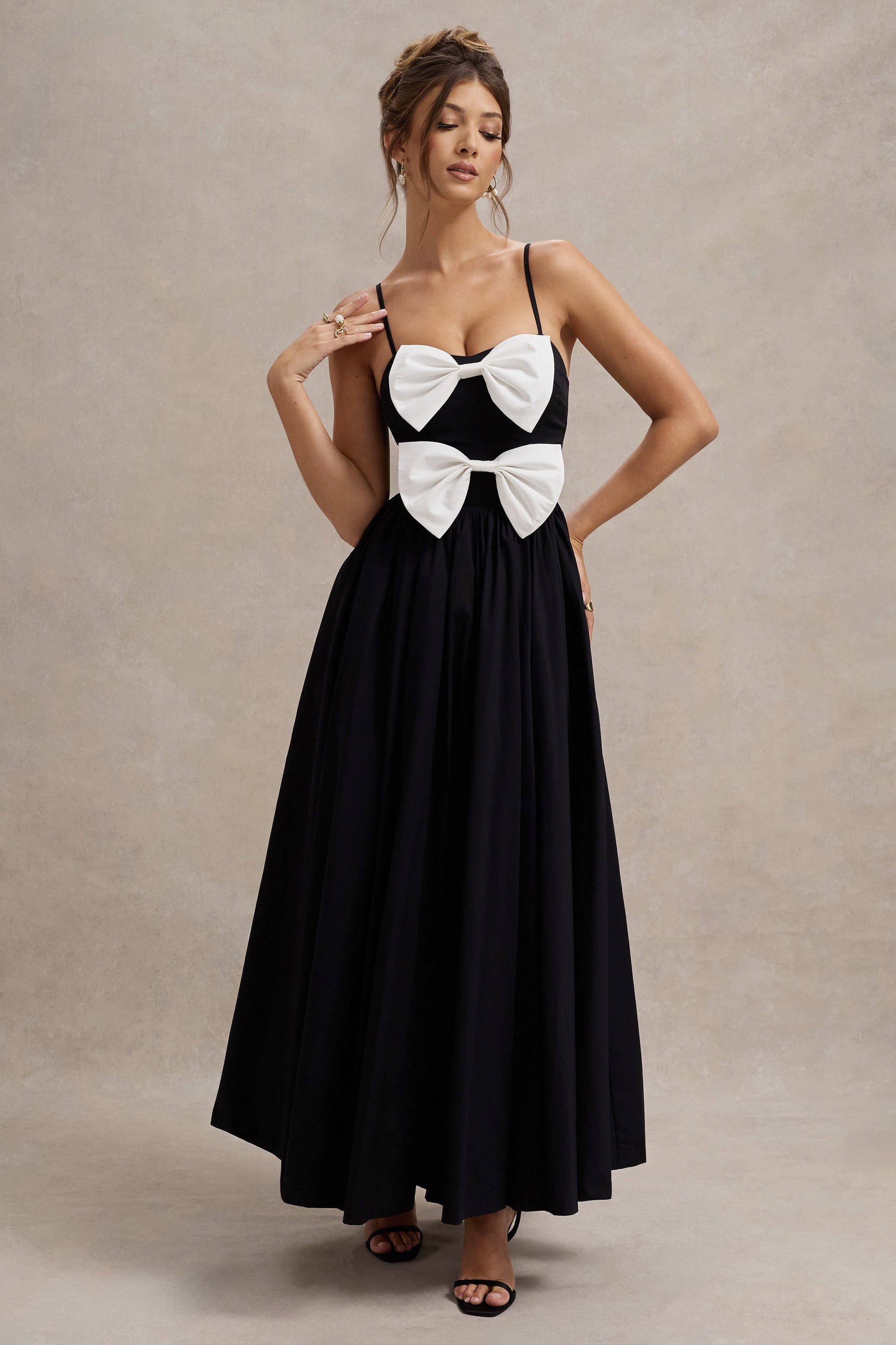 Loved Up | Black Strappy Pleated Maxi Dress With Bows - Club L London - AUS
