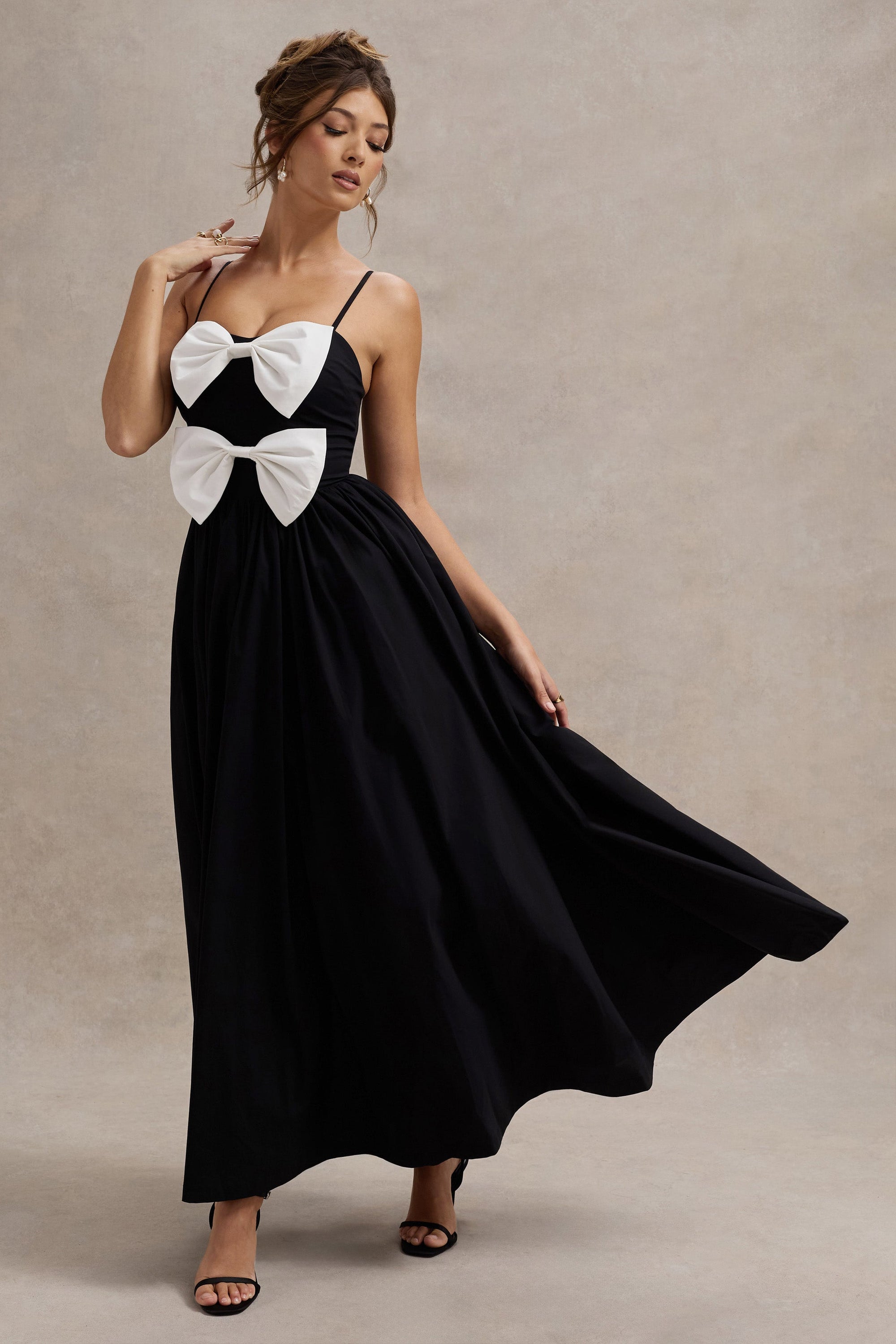 Loved Up | Black Strappy Pleated Maxi Dress With Bows - Club L London - AUS