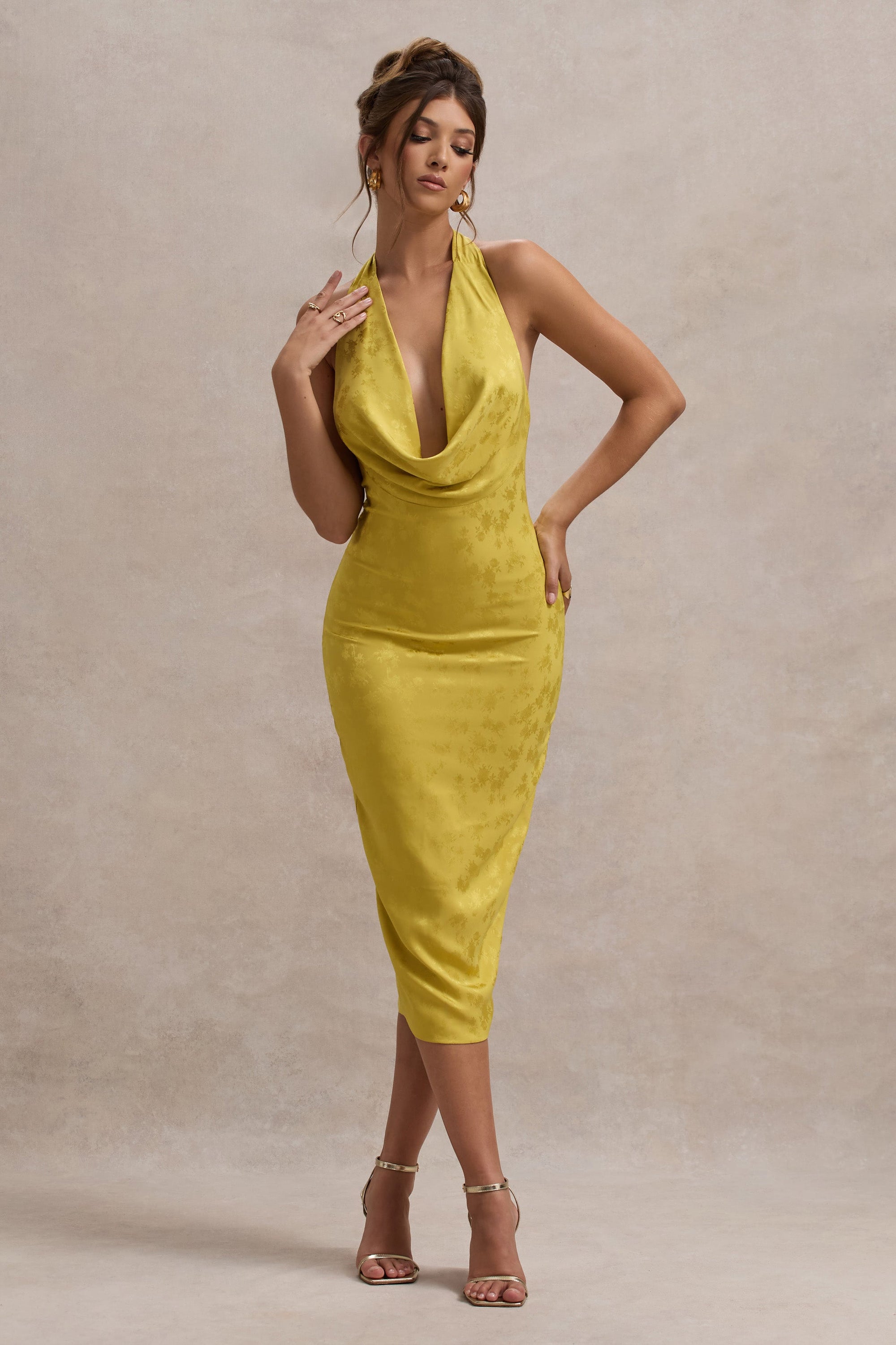 Maciza | Mustard Satin Jacquard Cowl-Neck Midi Dress - Club L London - AUS