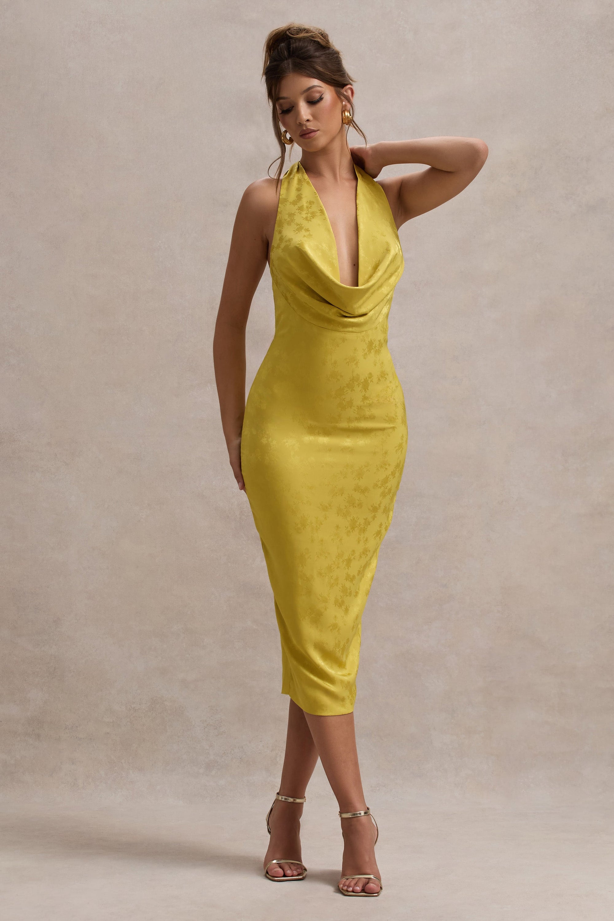Maciza | Mustard Satin Jacquard Cowl-Neck Midi Dress - Club L London - AUS