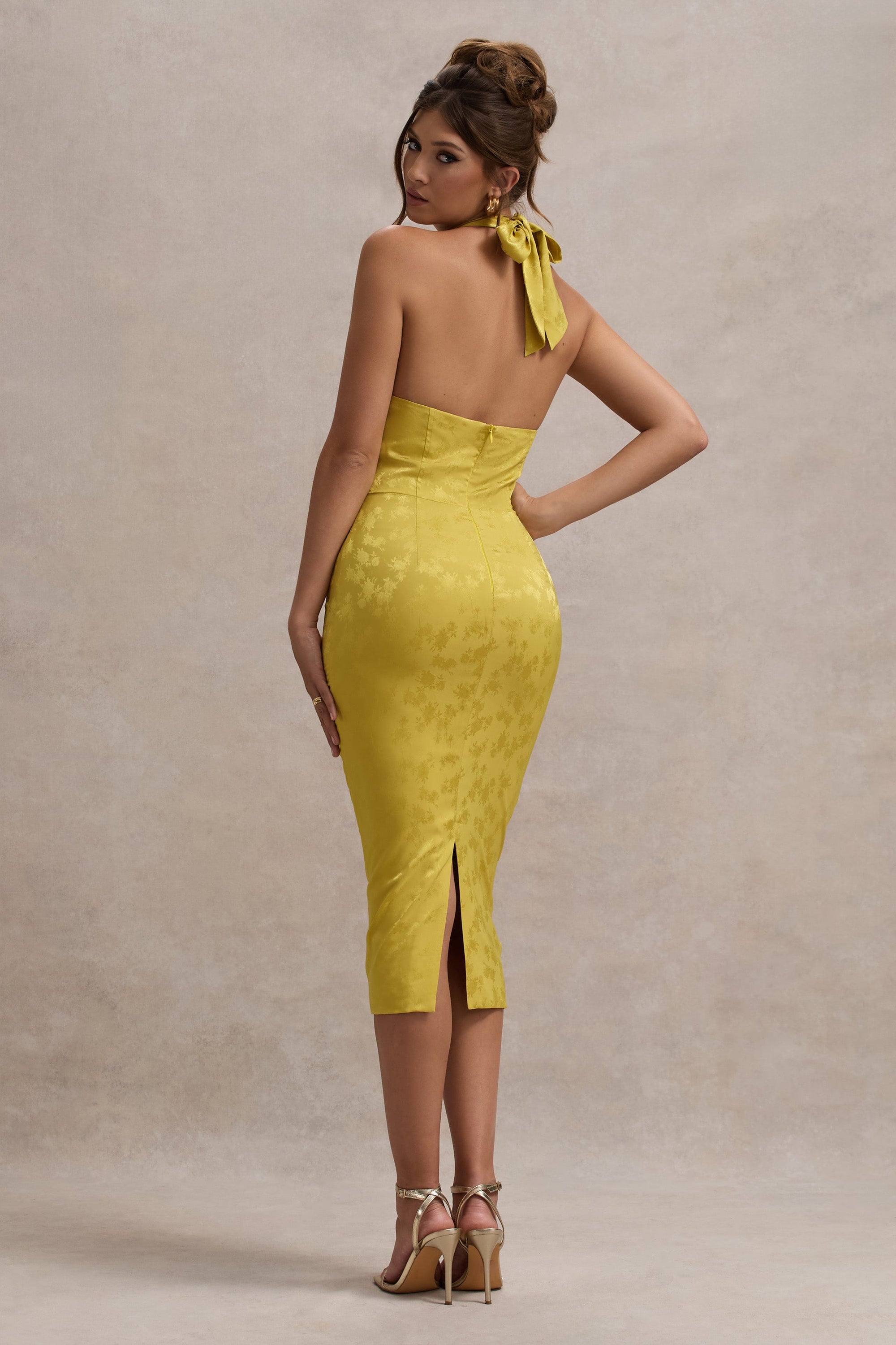 Maciza | Mustard Satin Jacquard Cowl-Neck Midi Dress - Club L London - AUS