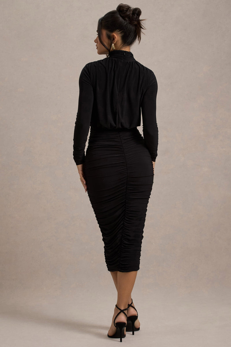 Dasha Black Ruched HighNeck LongSleeve Midi Dress Club L London AUS