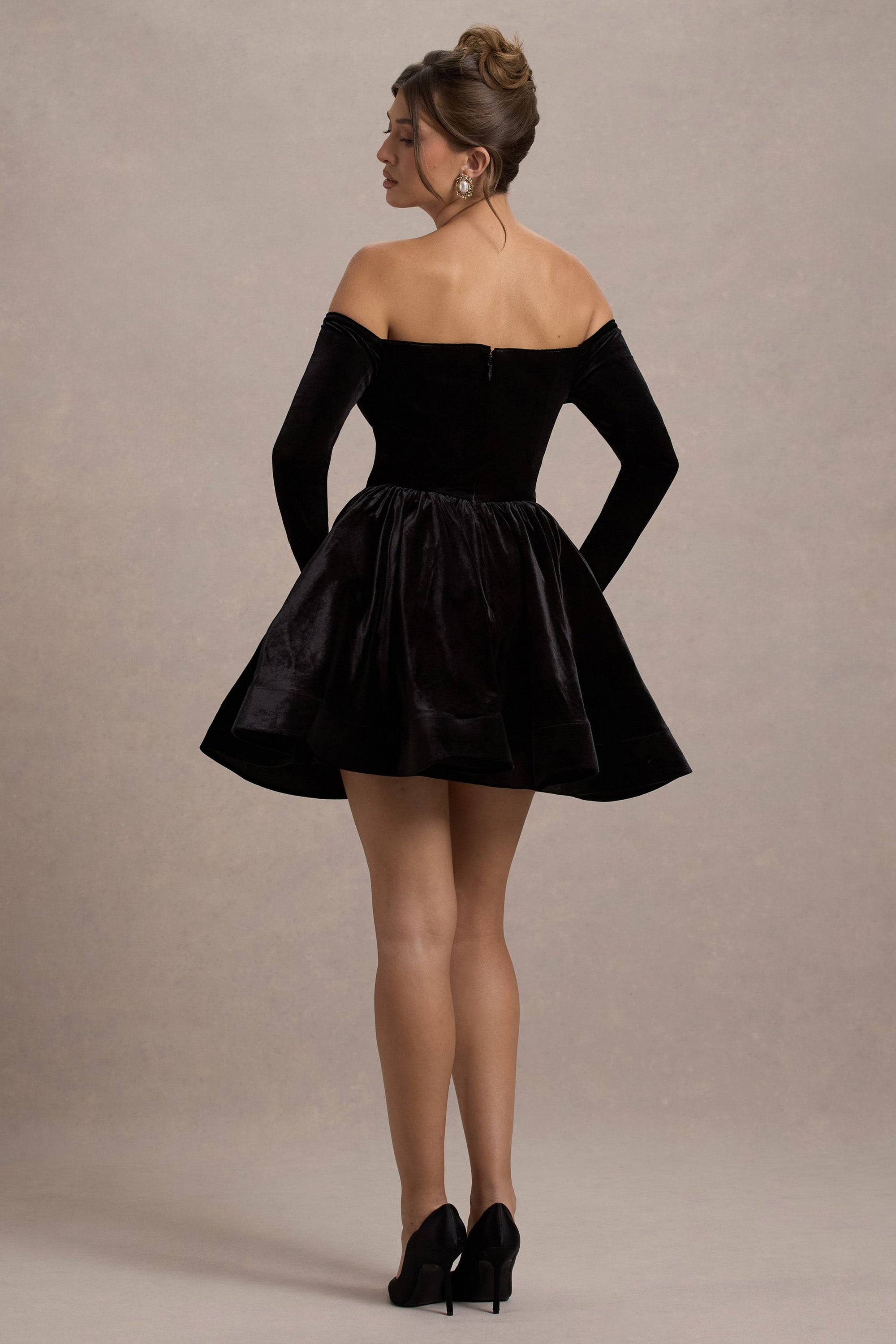 Ottie | Black Velvet Bardot Skater Mini Dress - Club L London - AUS