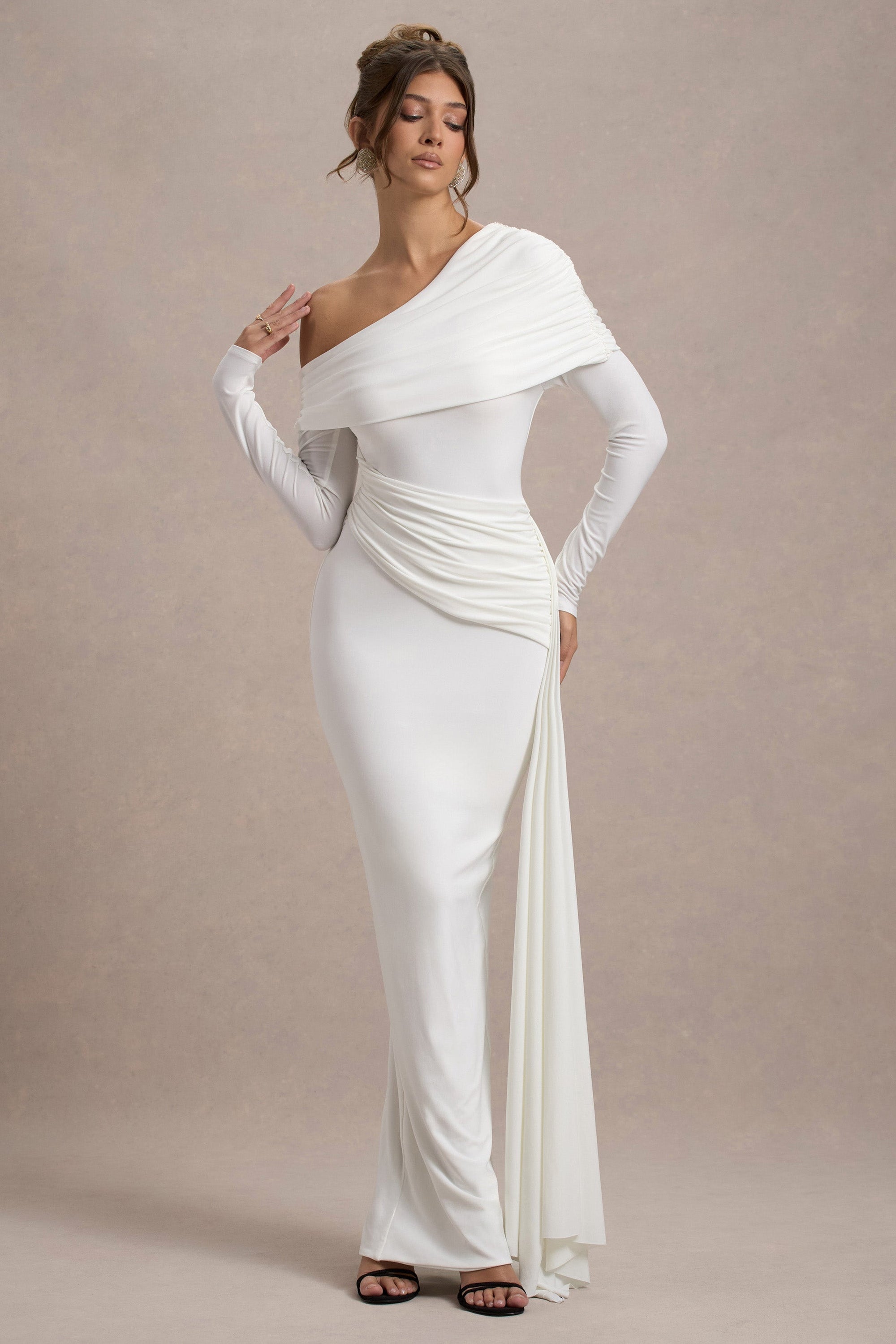 Valina | White Ruched Asymmetric Maxi Dress With Drape - Club L London - AUS