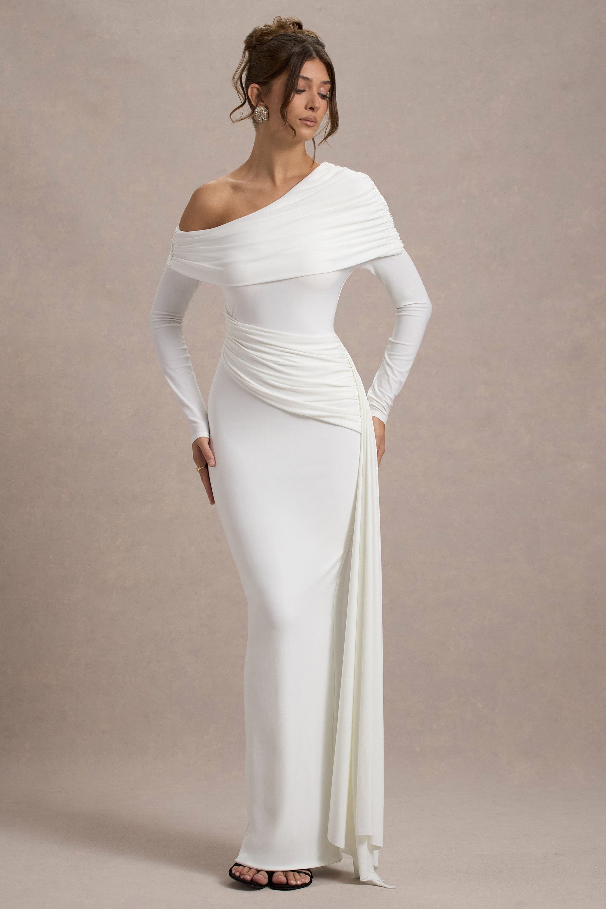 Valina | White Ruched Asymmetric Maxi Dress With Drape - Club L London - AUS