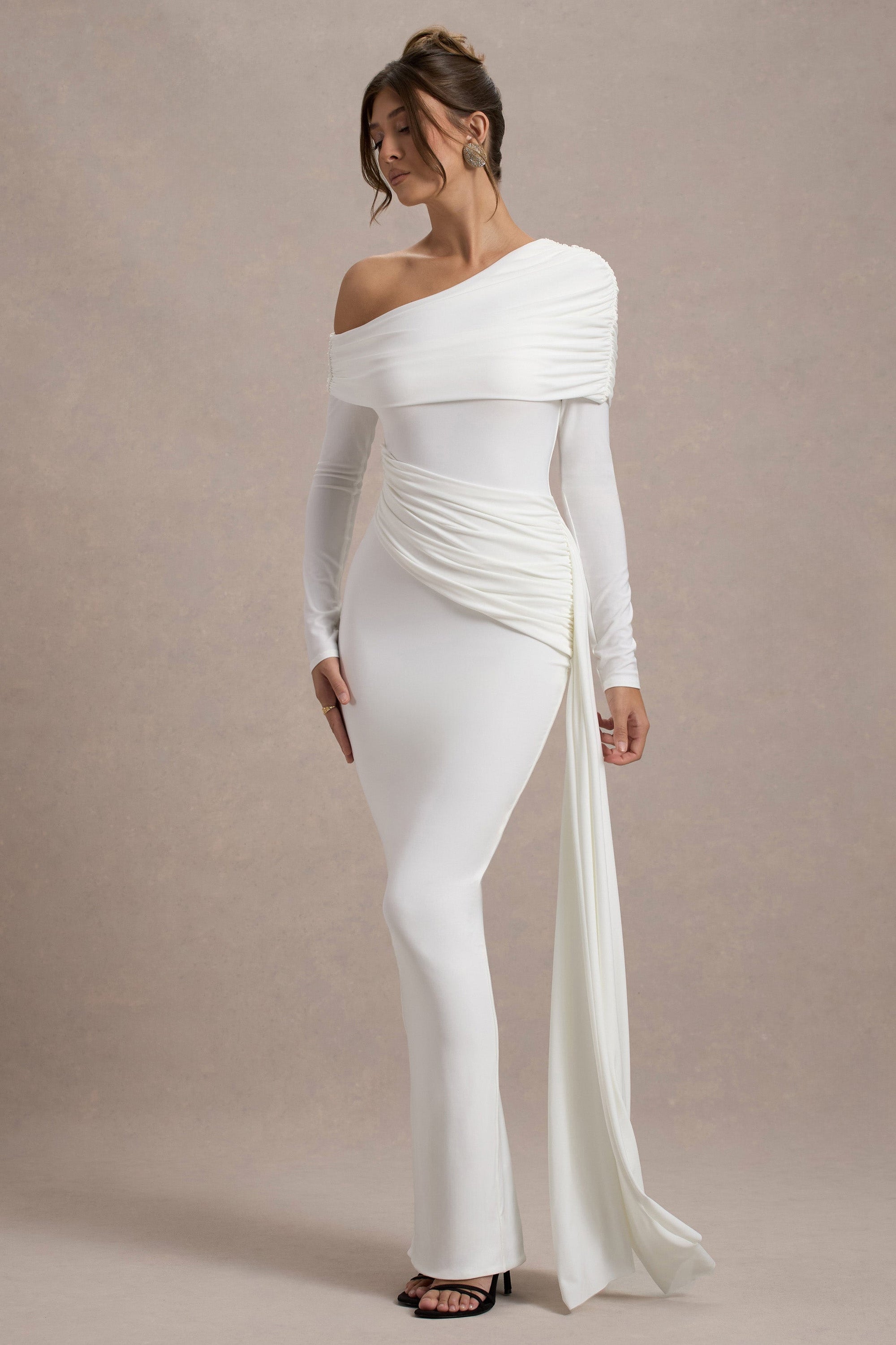 Valina | White Ruched Asymmetric Maxi Dress With Drape - Club L London - AUS