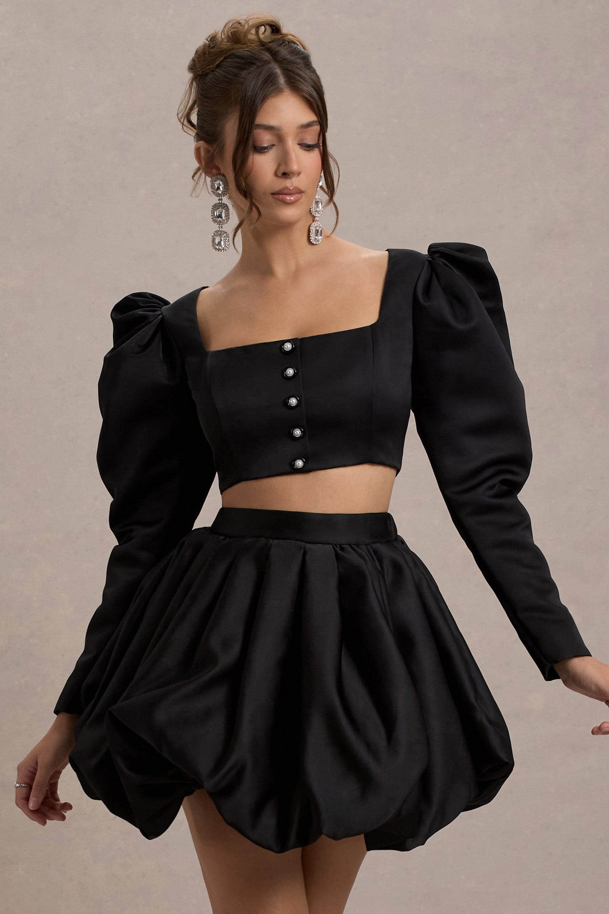 Eloisa | Black Satin Puff-Sleeve Cropped Jacket - Club L London - AUS