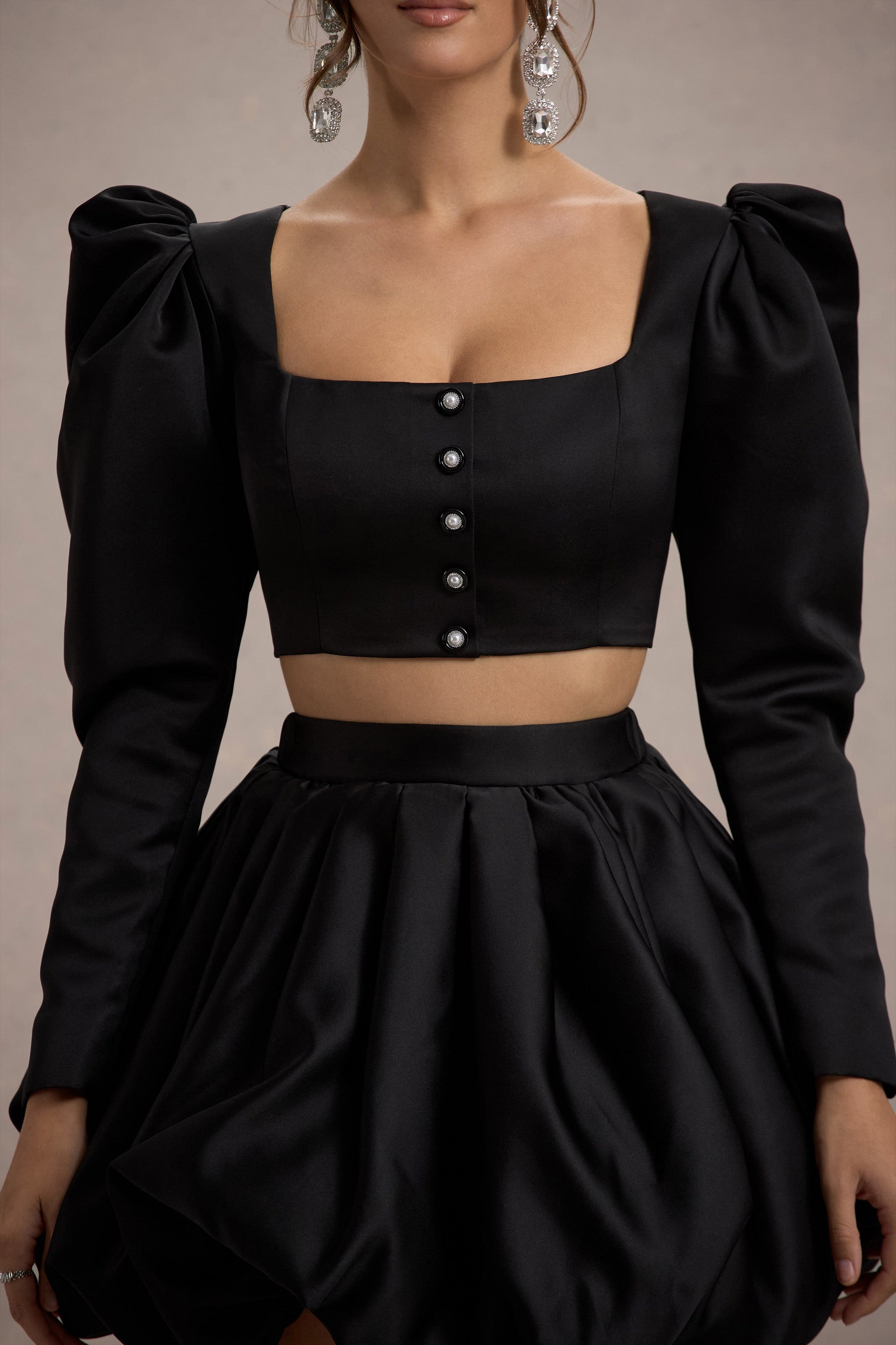 Eloisa | Black Satin Puff-Sleeve Cropped Jacket - Club L London - AUS