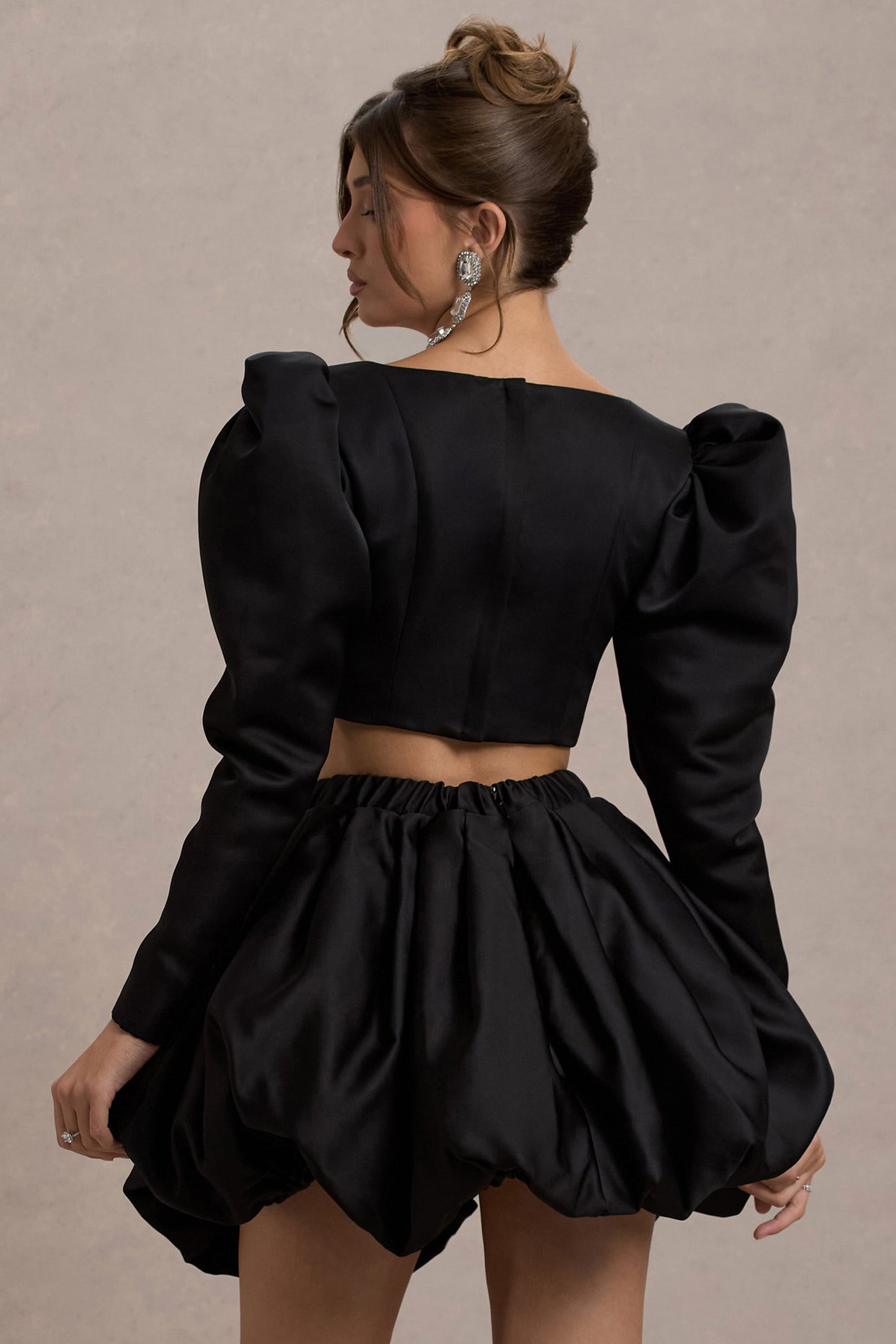 Eloisa | Black Satin Puff-Sleeve Cropped Jacket - Club L London - AUS