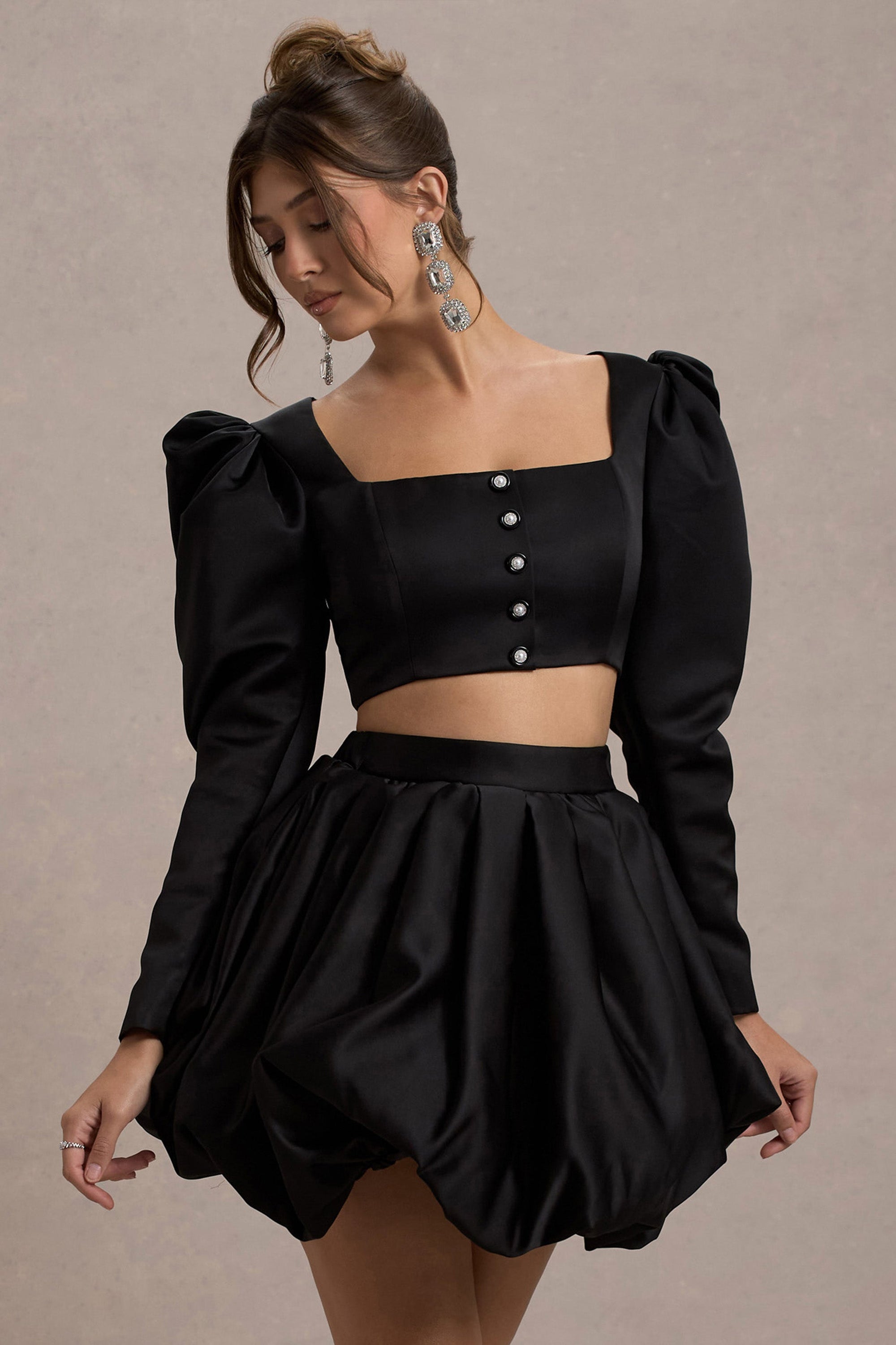 Eloisa | Black Satin Puff-Sleeve Cropped Jacket - Club L London - AUS
