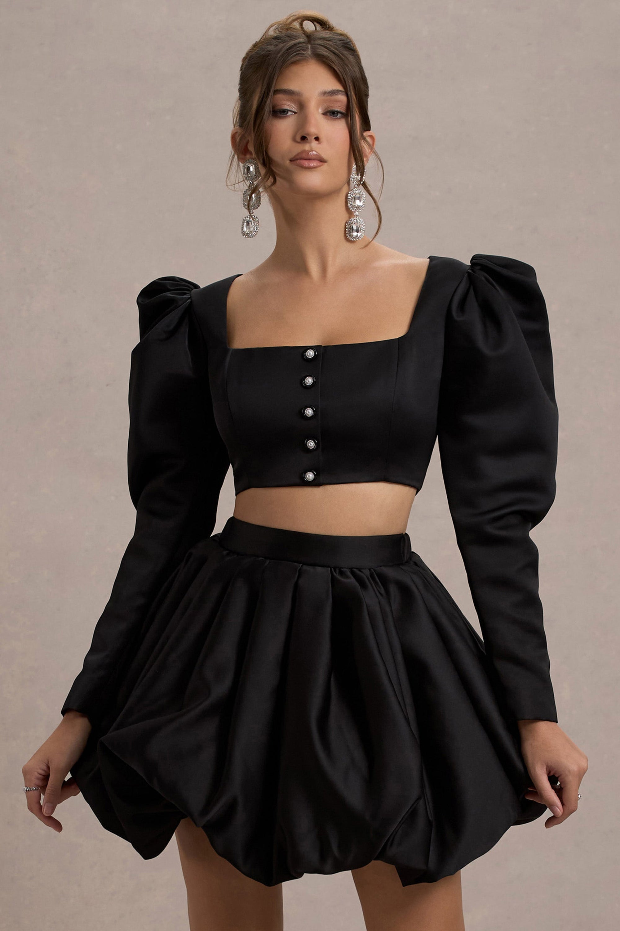 Eloisa | Black Satin Puff-Sleeve Cropped Jacket - Club L London - AUS