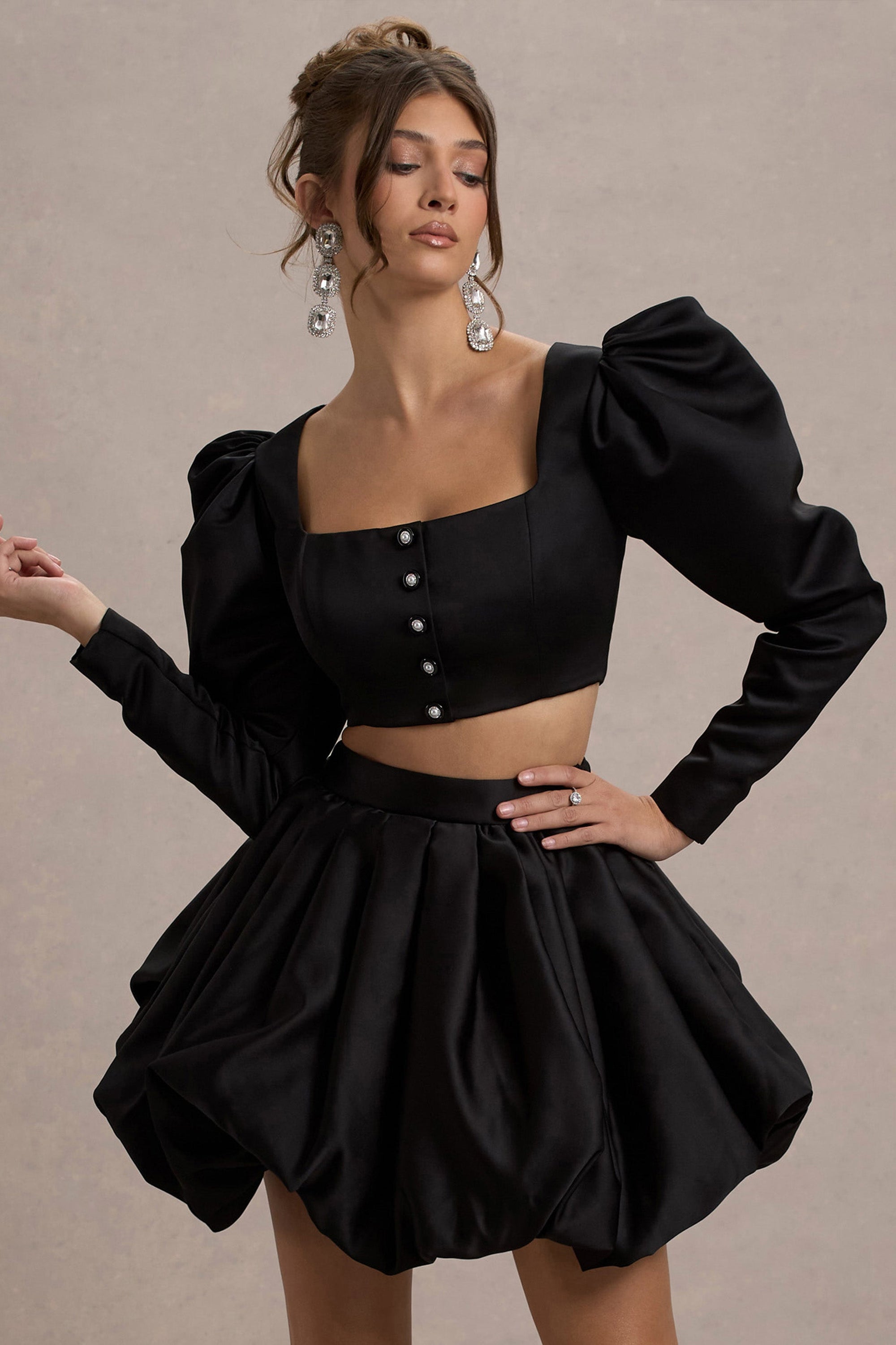 Eloisa | Black Satin Puff-Sleeve Cropped Jacket - Club L London - AUS