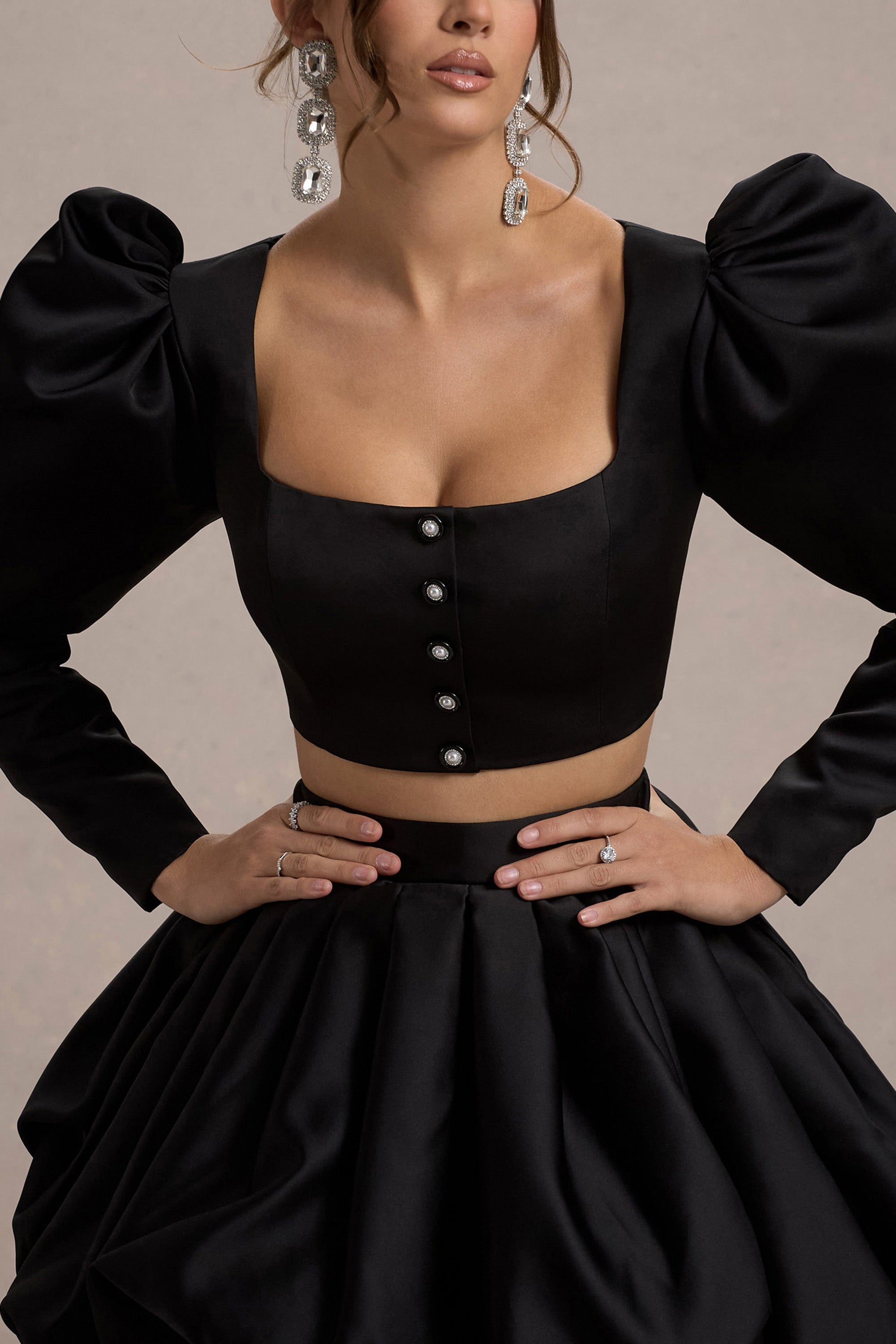 Eloisa | Black Satin Puff-Sleeve Cropped Jacket - Club L London - AUS