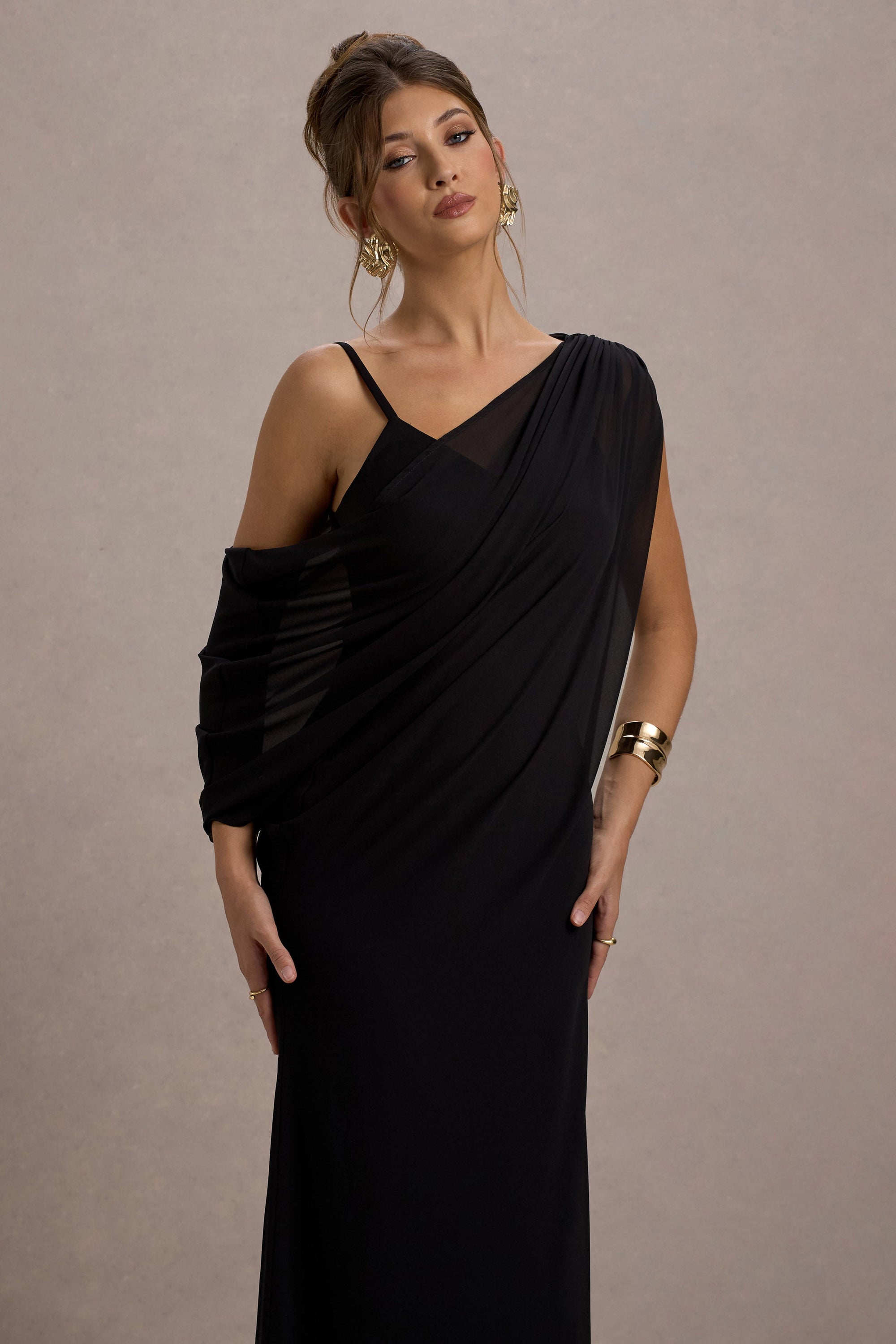 Aeliana | Black Strappy V-Neck Maxi Dress With Chiffon Sash - Club L London - AUS