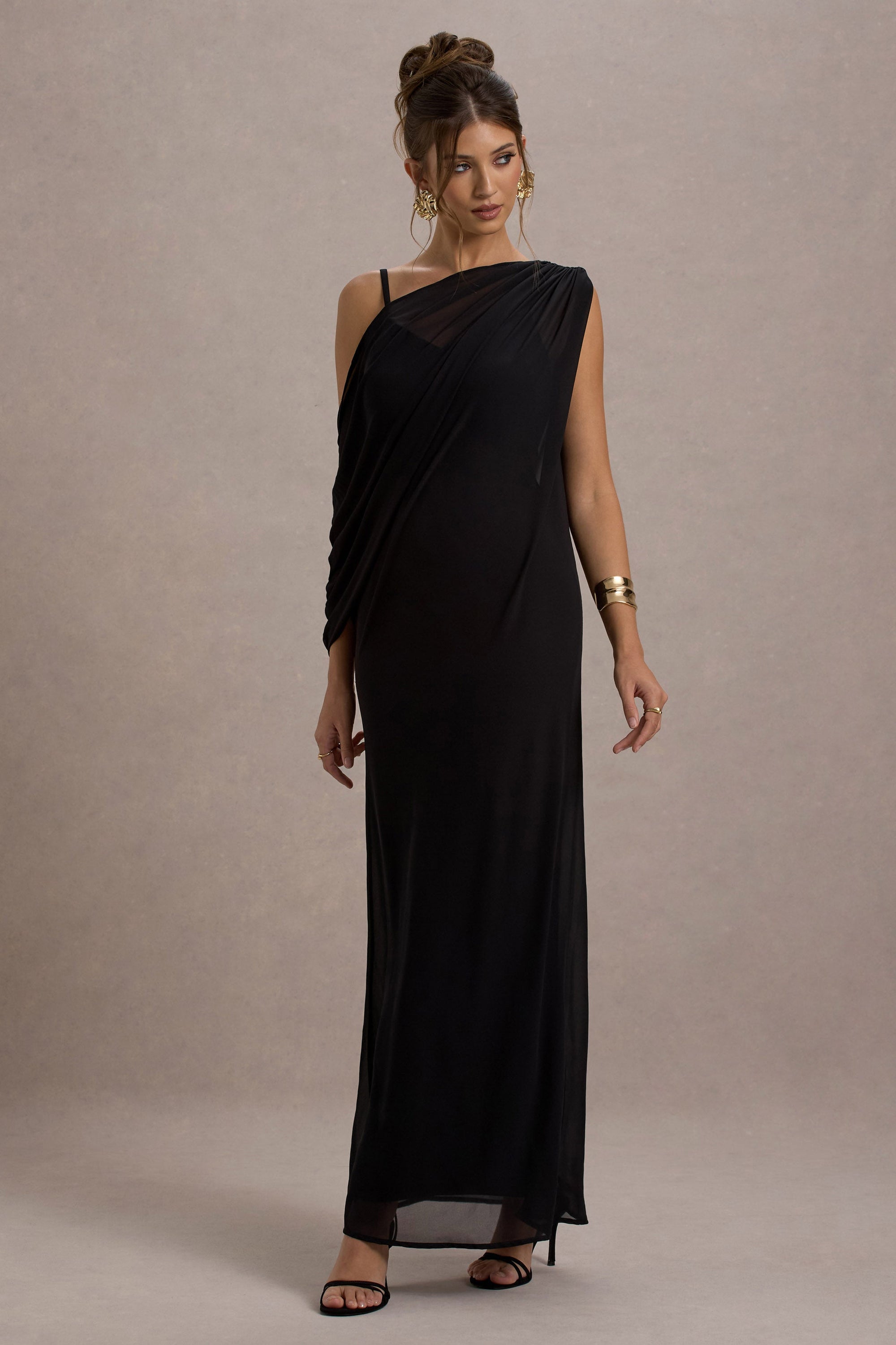 Aeliana | Black Strappy V-Neck Maxi Dress With Chiffon Sash - Club L London - AUS