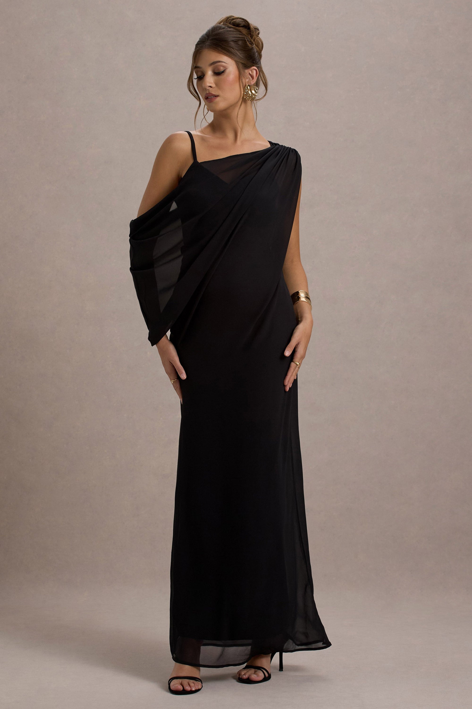 Aeliana | Black Strappy V-Neck Maxi Dress With Chiffon Sash - Club L London - AUS