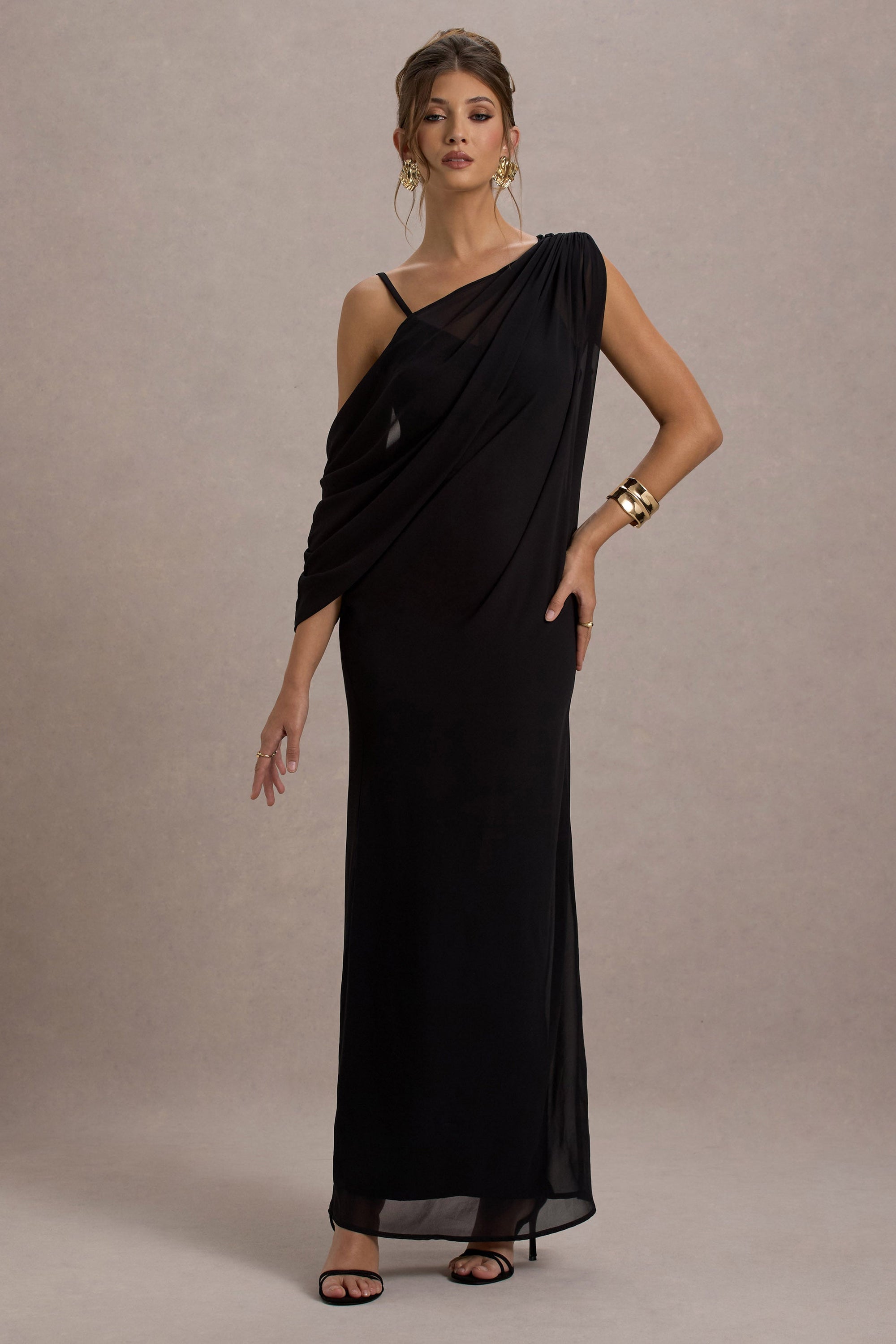 Aeliana | Black Strappy V-Neck Maxi Dress With Chiffon Sash - Club L London - AUS