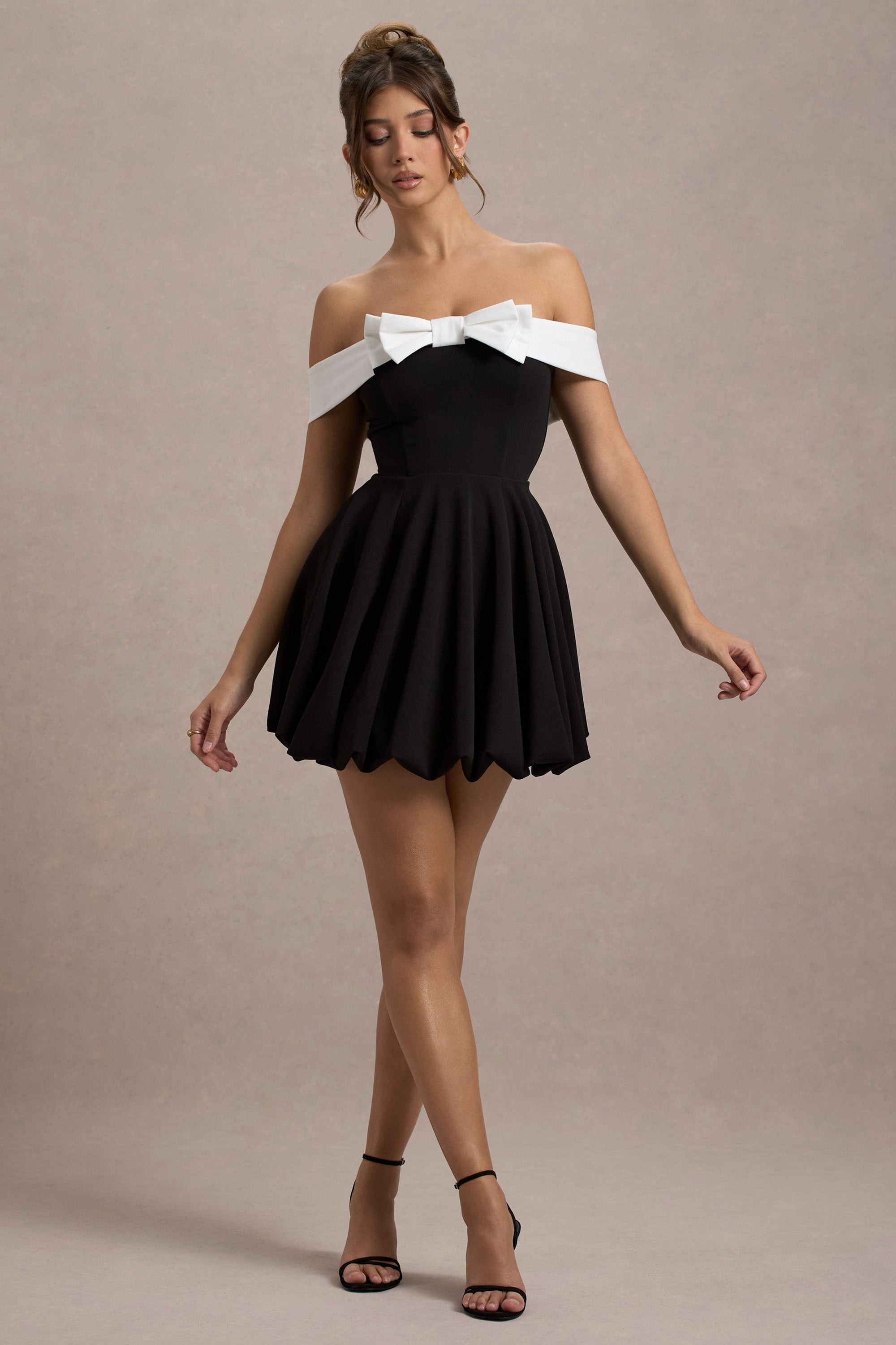 Minimoiselle | Black & White Bow Bardot Mini Dress With Puff-Ball Skirt - Club L London - AUS
