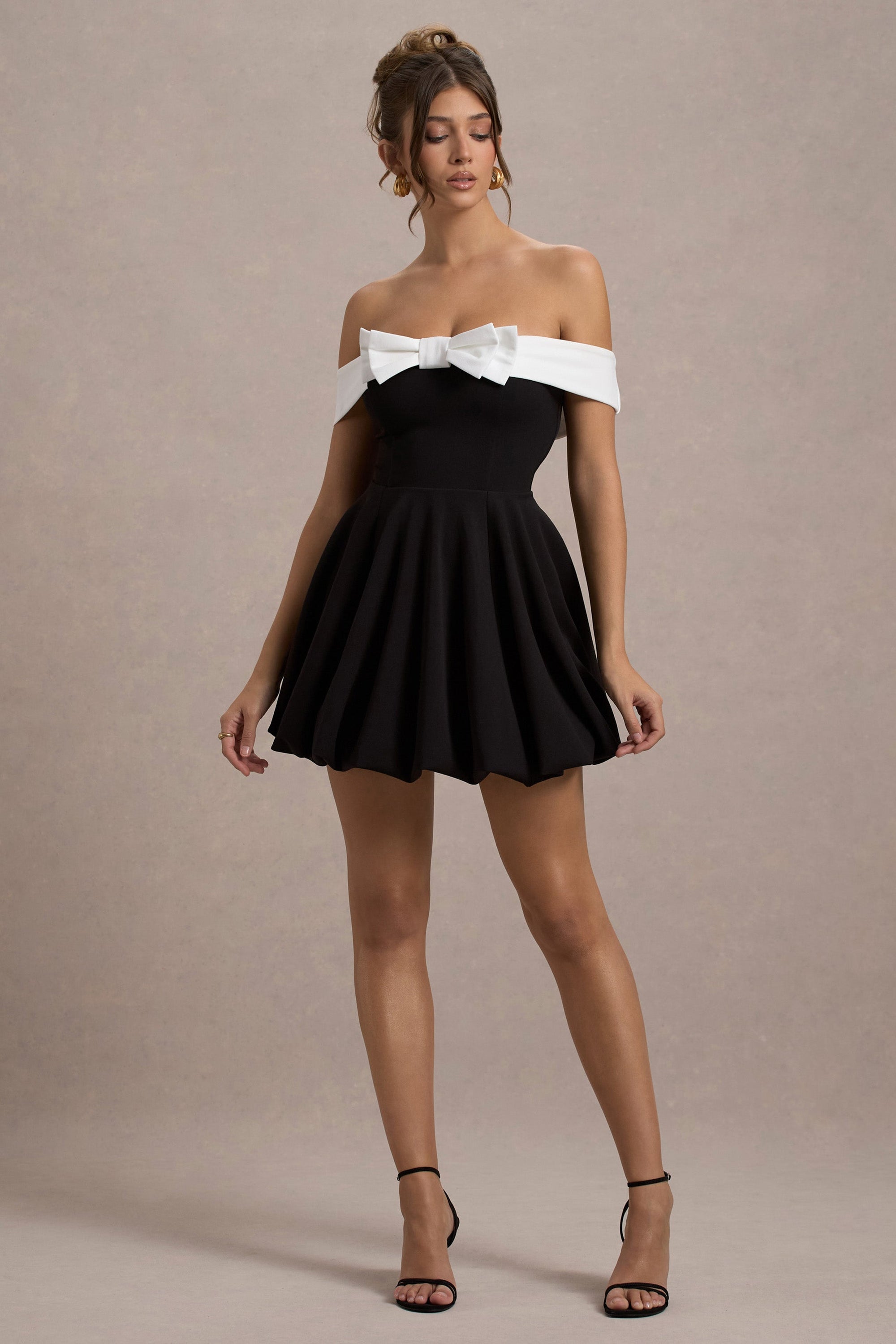 Minimoiselle | Black & White Bow Bardot Mini Dress With Puff-Ball Skirt - Club L London - AUS