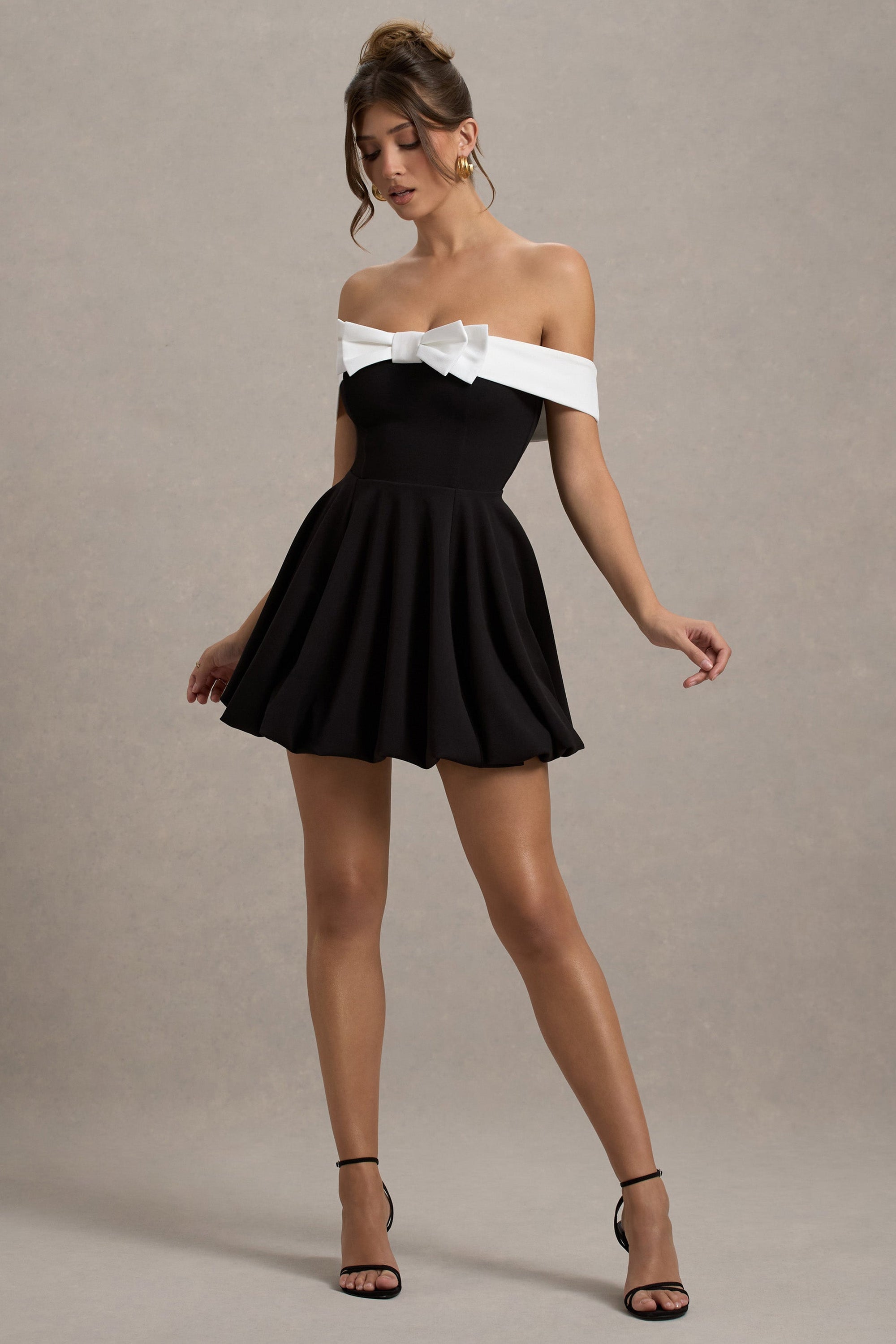 Minimoiselle | Black & White Bow Bardot Mini Dress With Puff-Ball Skirt - Club L London - AUS