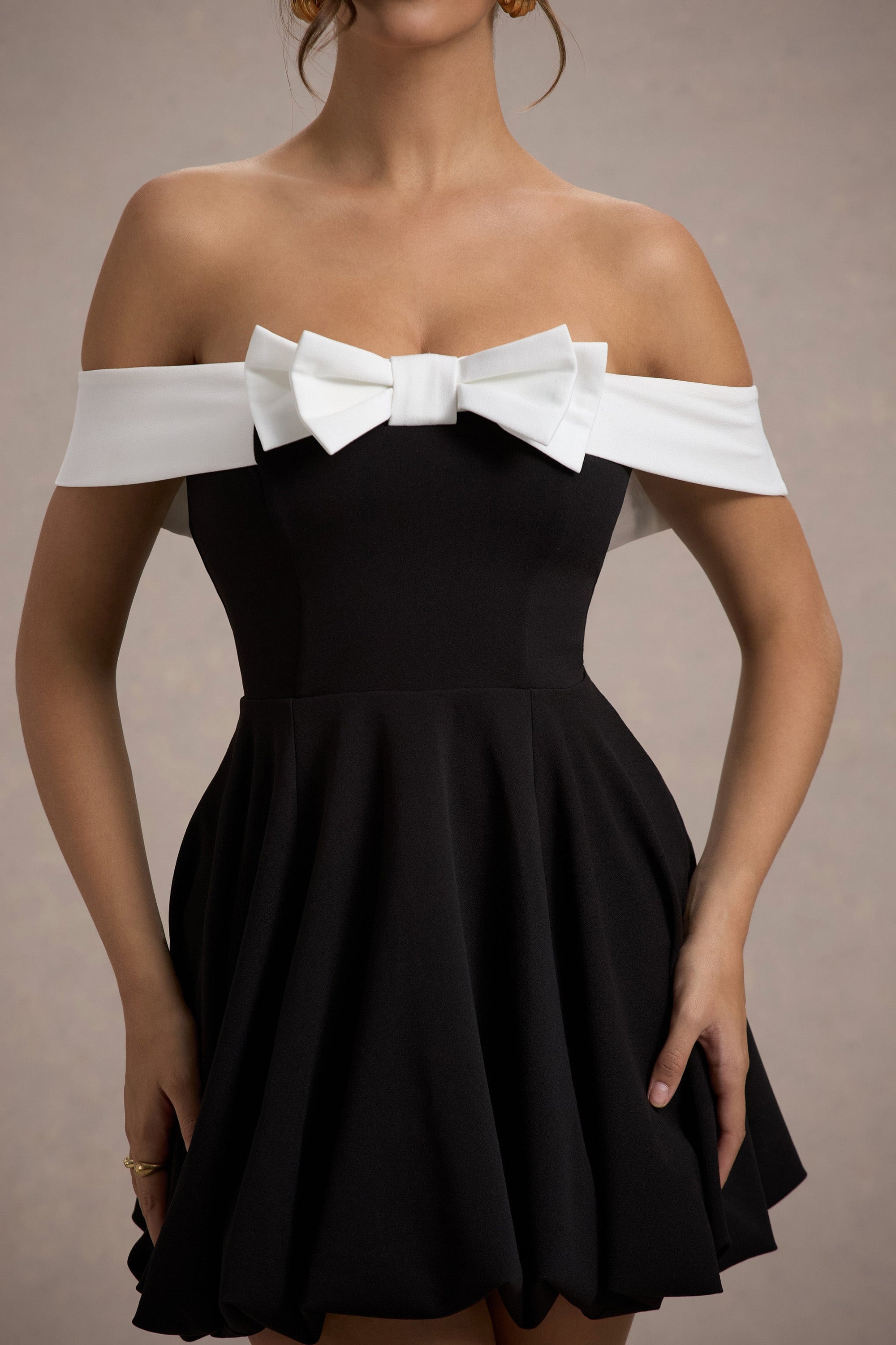 Minimoiselle | Black & White Bow Bardot Mini Dress With Puff-Ball Skirt - Club L London - AUS