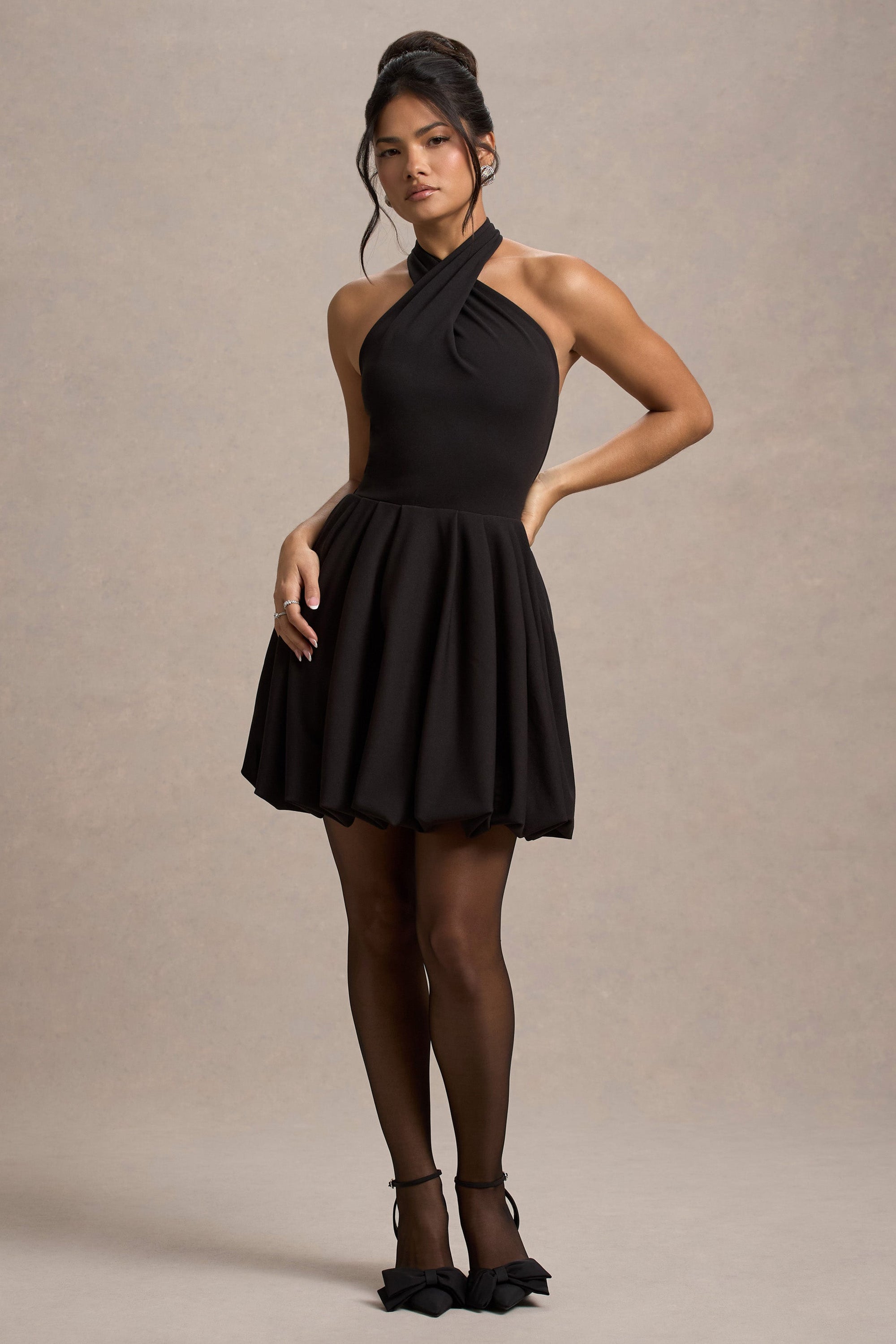 Klytie | Black Halter-Neck Mini Dress With Puff-Ball Skirt - Club L London - AUS
