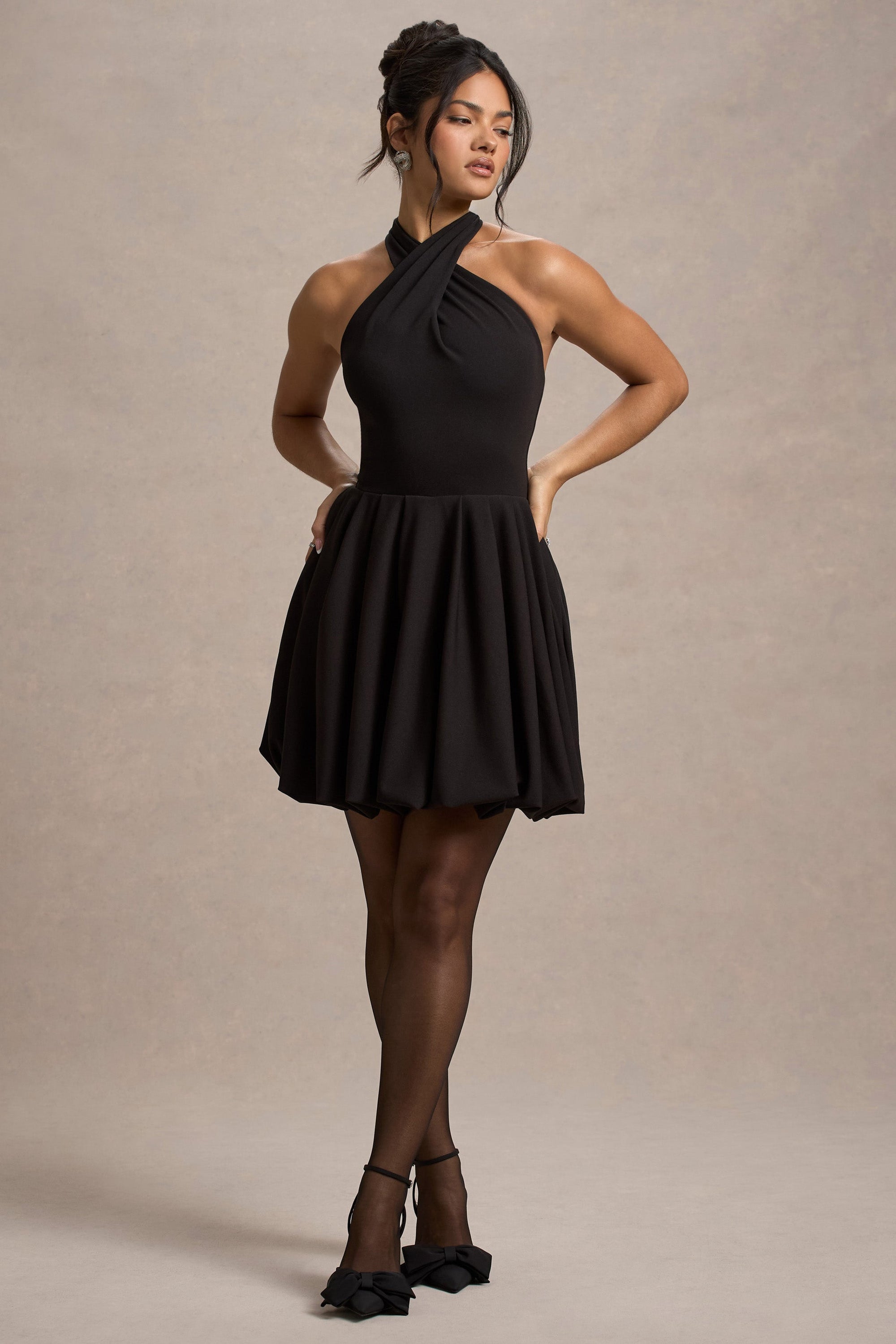 Klytie | Black Halter-Neck Mini Dress With Puff-Ball Skirt - Club L London - AUS