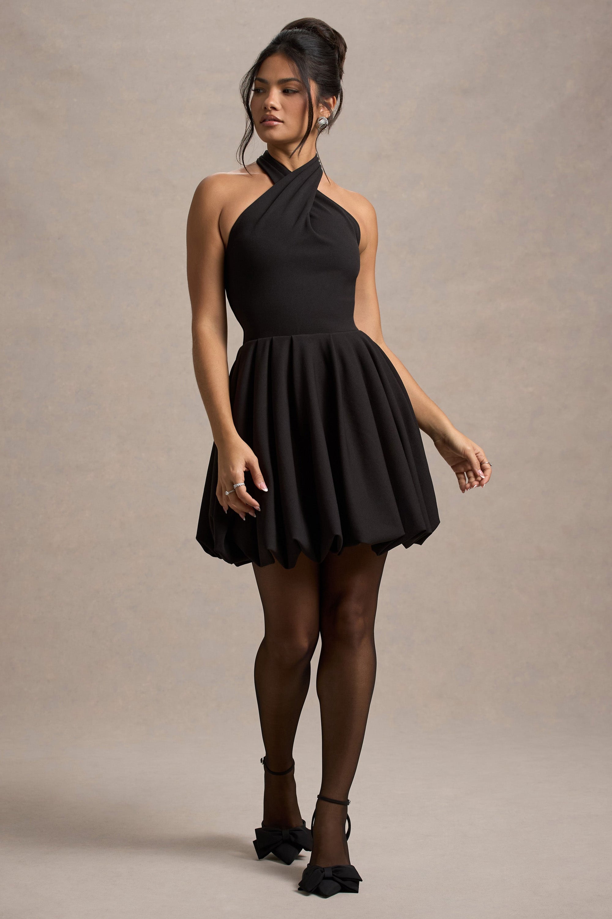 Klytie | Black Halter-Neck Mini Dress With Puff-Ball Skirt - Club L London - AUS