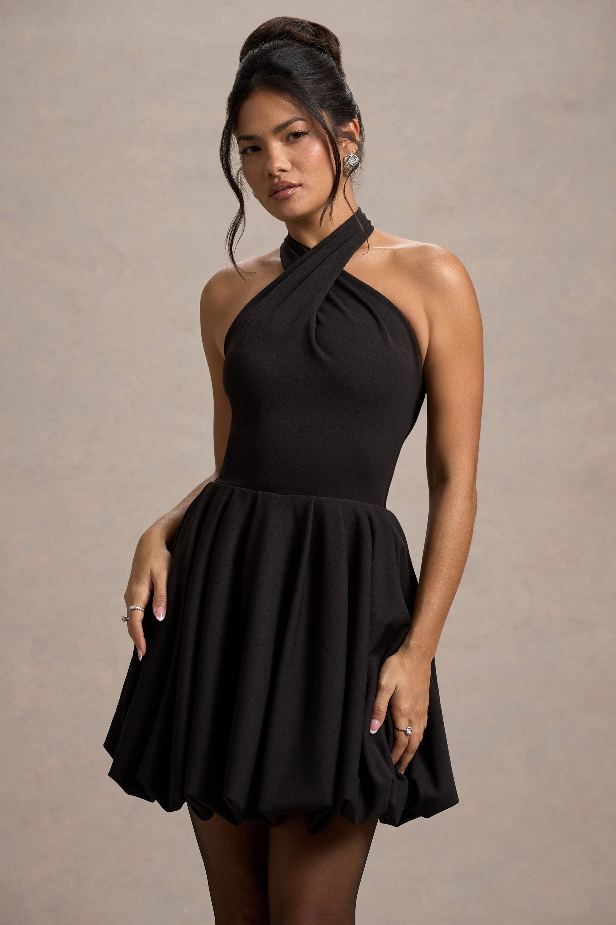 Klytie | Black Halter-Neck Mini Dress With Puff-Ball Skirt - Club L London - AUS