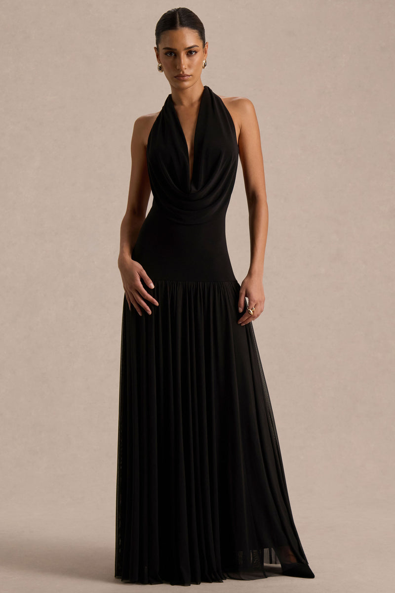 Verity Black Cowl-Neck Maxi Dress With Sheer-Skirt – Club L London