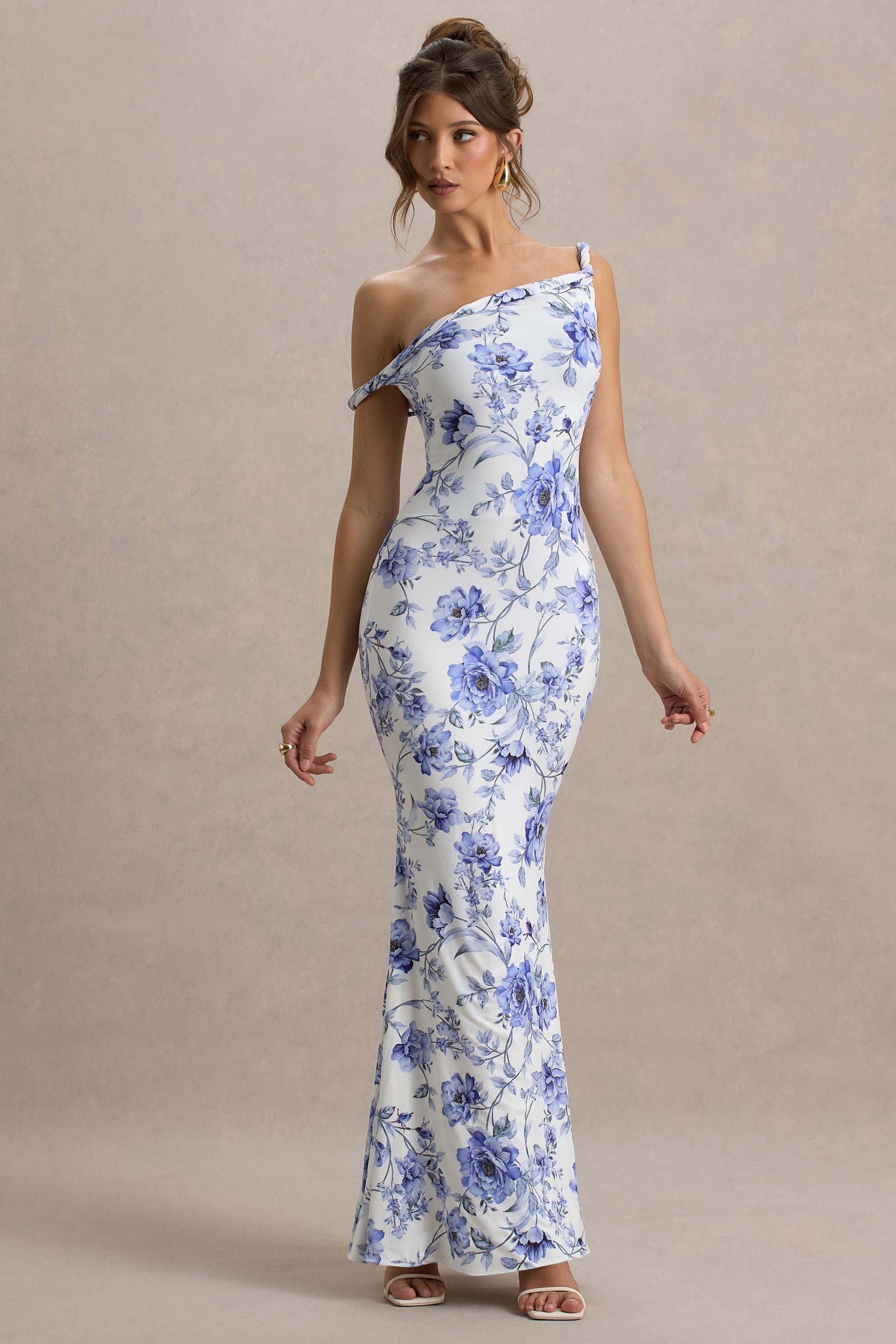 Lita | Blue Floral Twisted Asymmetric Maxi Dress - Club L London - AUS
