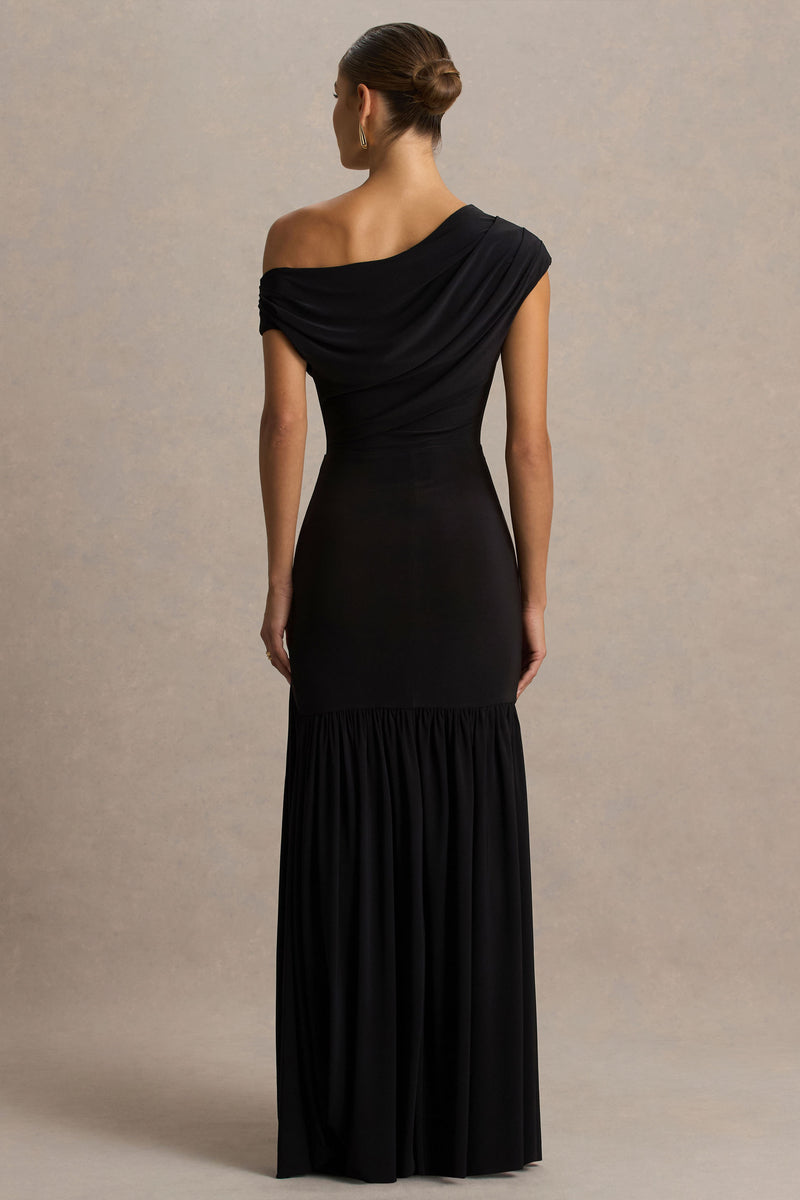 Dynasty | Black Asymmetric-Neck Maxi Dress With Ruched Detailing And Front High-Split