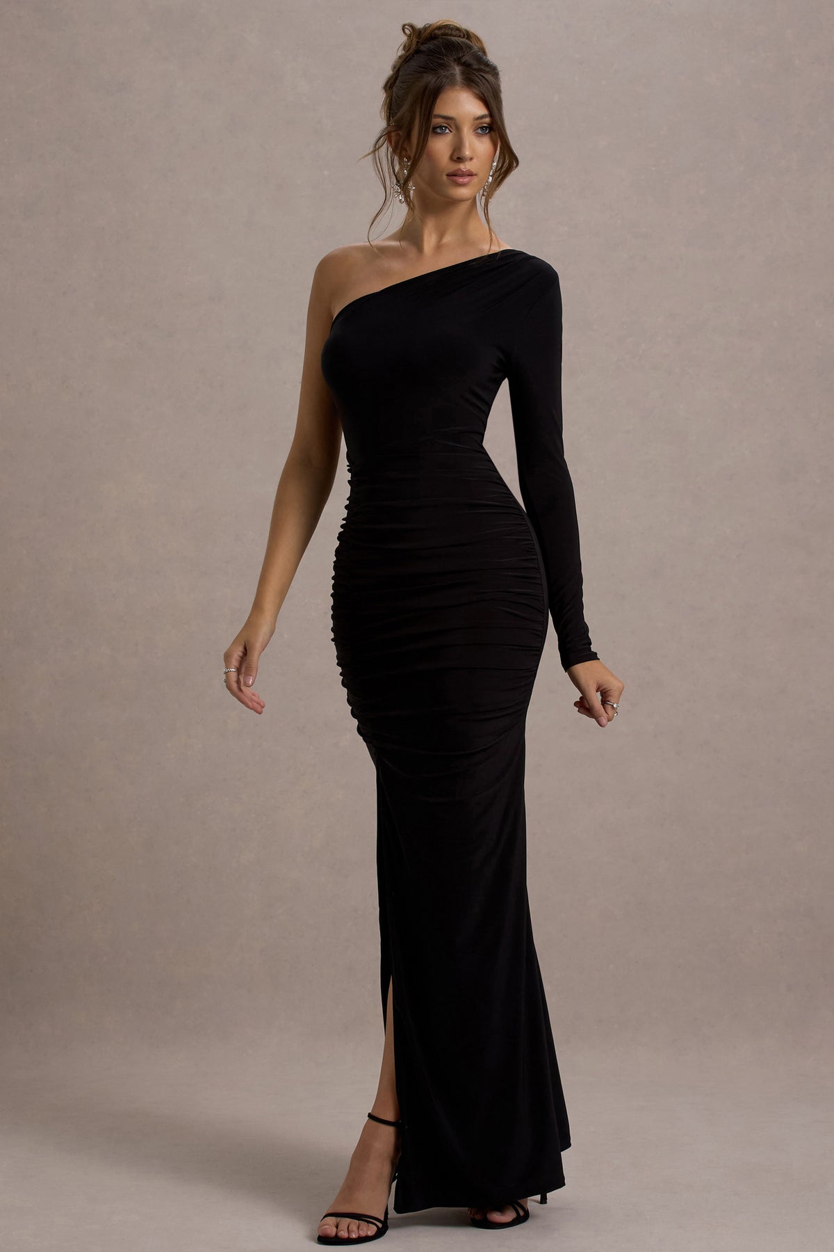 Doll Black Asymmetric One Sleeve Ruched Maxi Dress Club L London - AUS Doll Black Asymmetric One Sleeve Ruched Maxi Dress Club L London - AUS