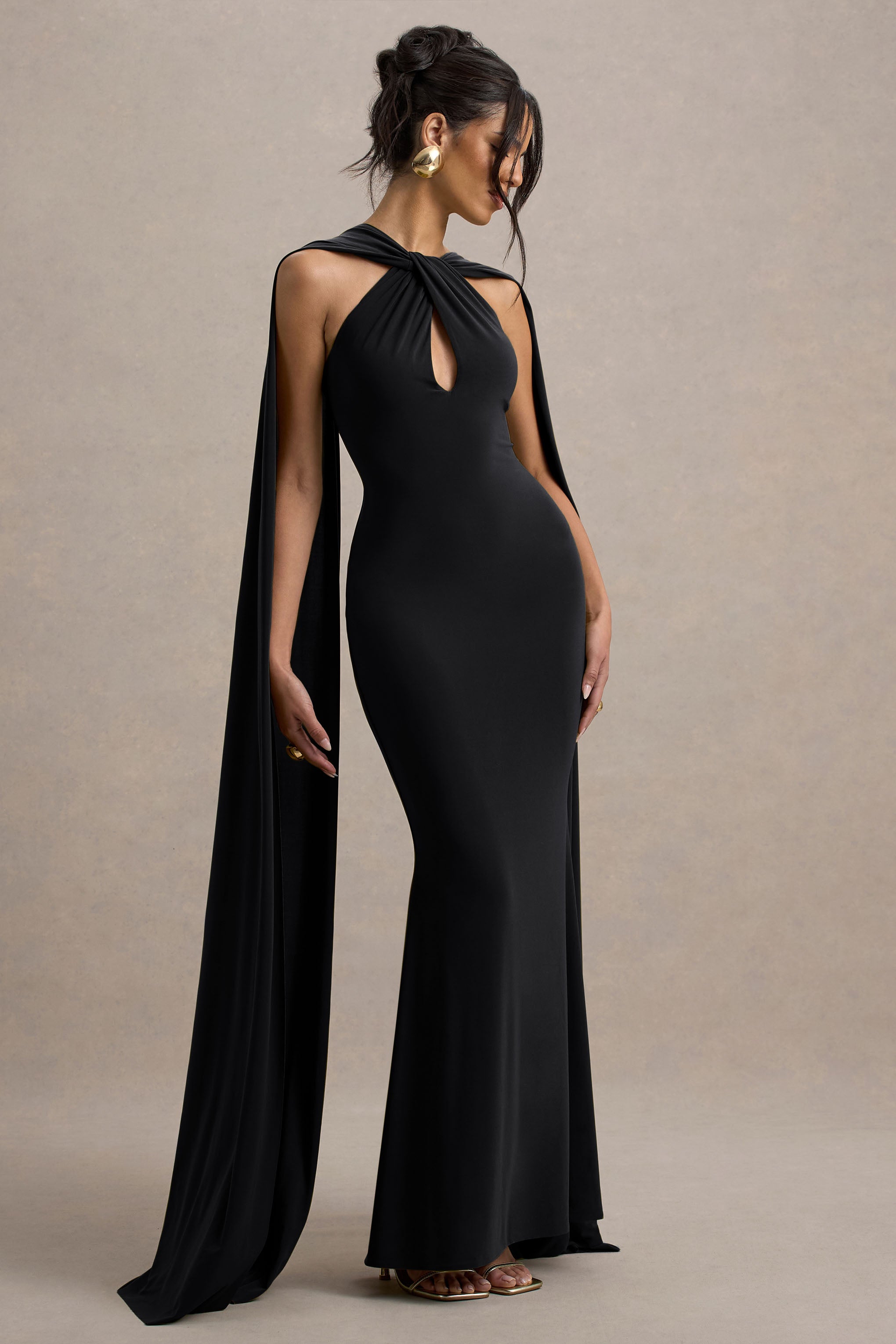 Rhoda | Black Twist Halter-Neck Cape Maxi Dress – Club L London - AUS