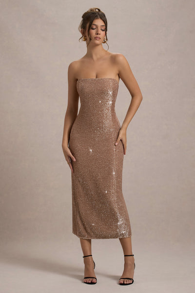 Lilabelle | Rose Gold Plisse Sequin Bandeau Midi Dress – Club L London