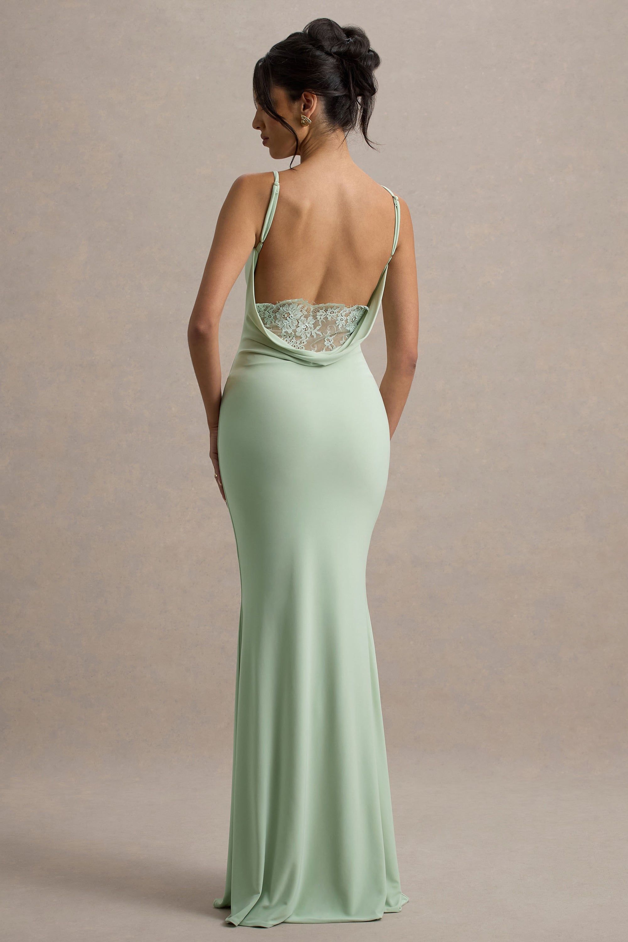 Francoise | Light Green Cowl Neck Backless Maxi Dress With Lace Insert – Club L London