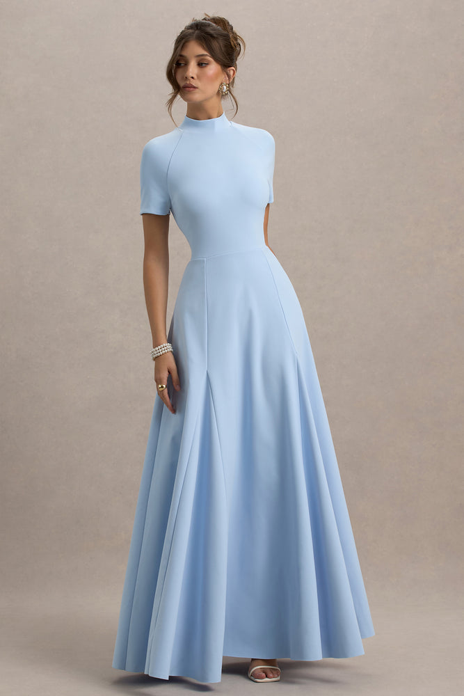 Alea Powder Blue High-Neck Short-Sleeve Maxi Dress – Club L London
