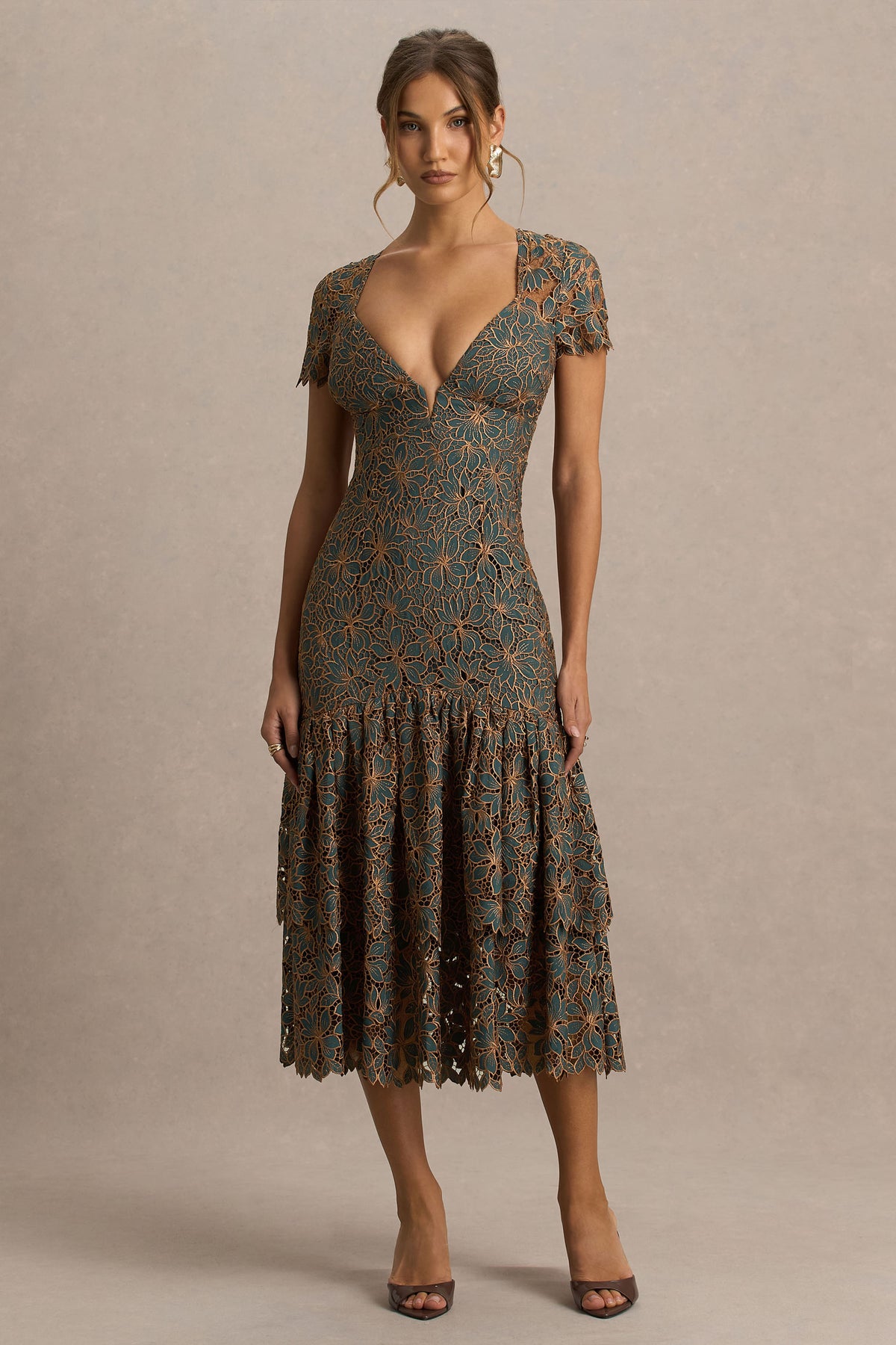Sabrina Dark Green And Rust Embroidered Plunge-Neck Midi Dress – Club L  London
