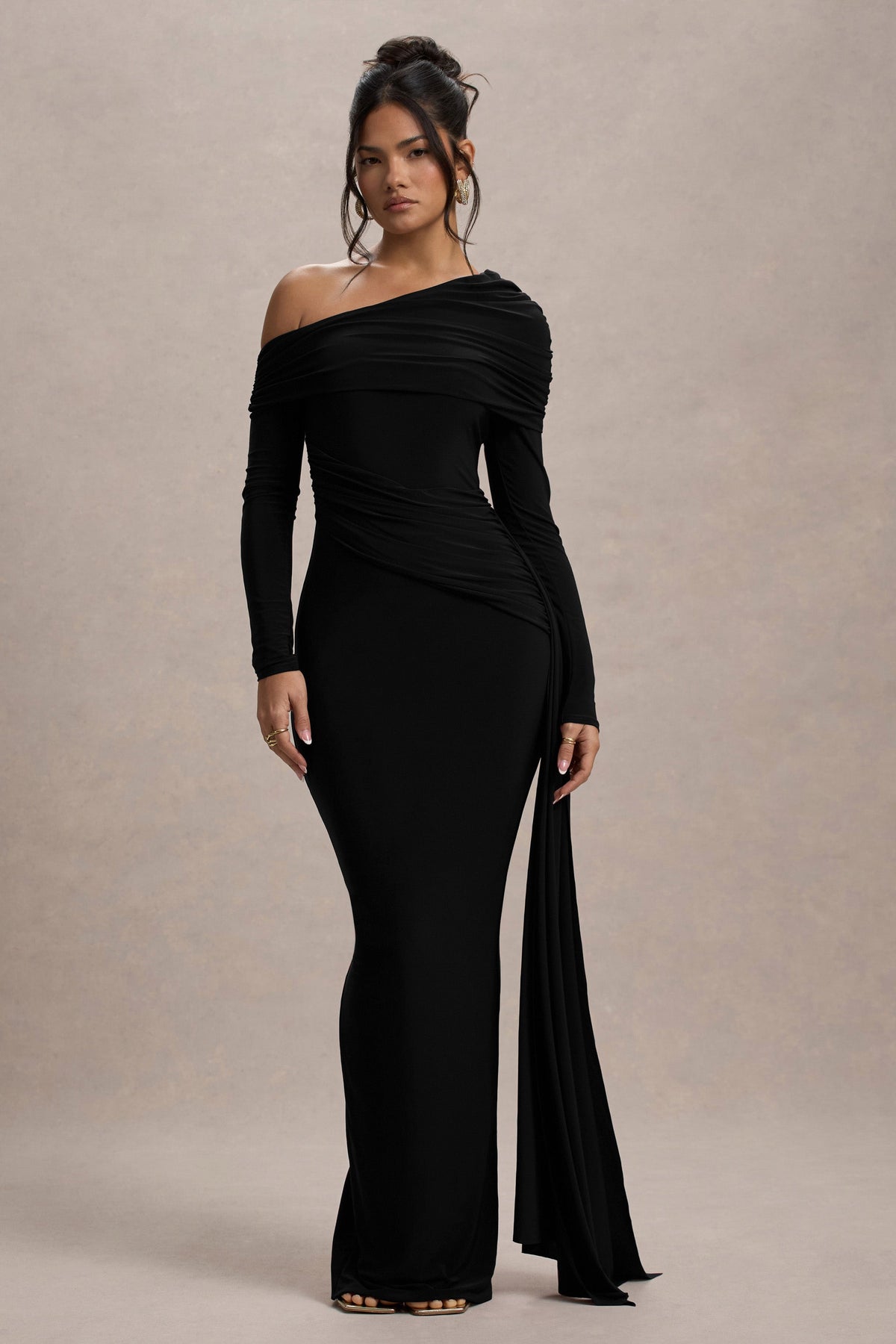 Valina Black Ruched Asymmetric Maxi Dress With Drape Club L London - AUS Valina Black Ruched Asymmetric Maxi Dress With Drape Club L London - AUS