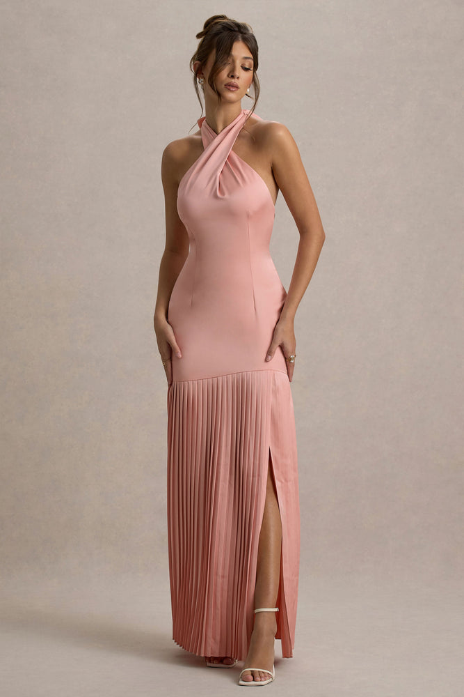 Sansa Light Pink Satin Cross Halter-Neck Plisse Maxi Dress – Club