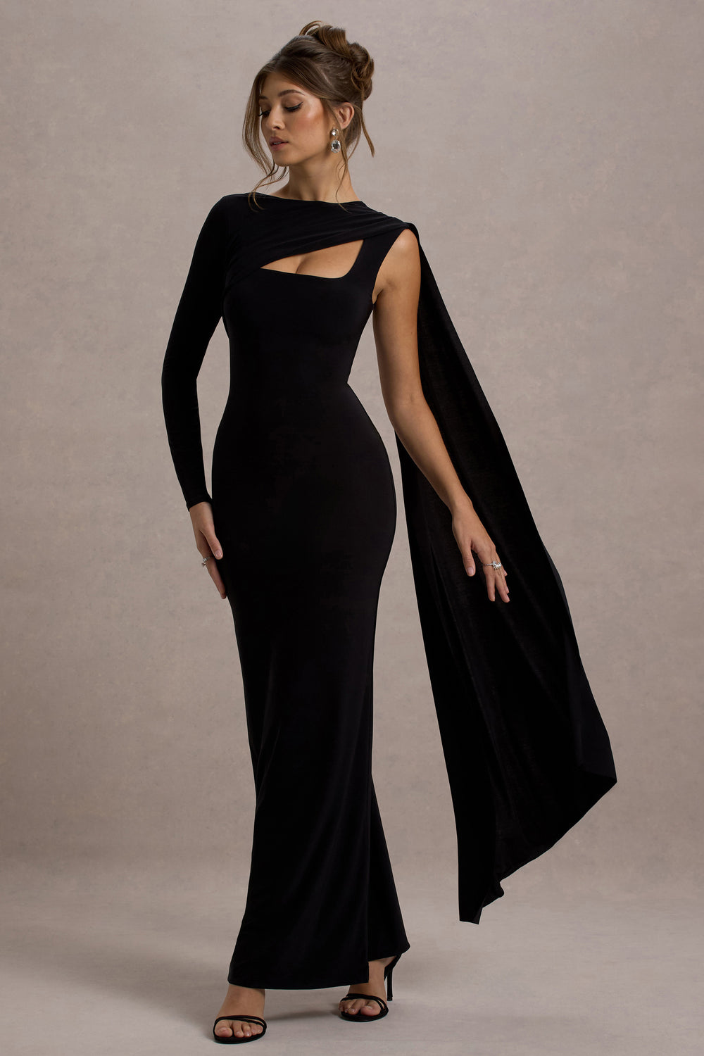Ashini | Black One-Sleeve Maxi Dress With Cape – Club L London - AUS