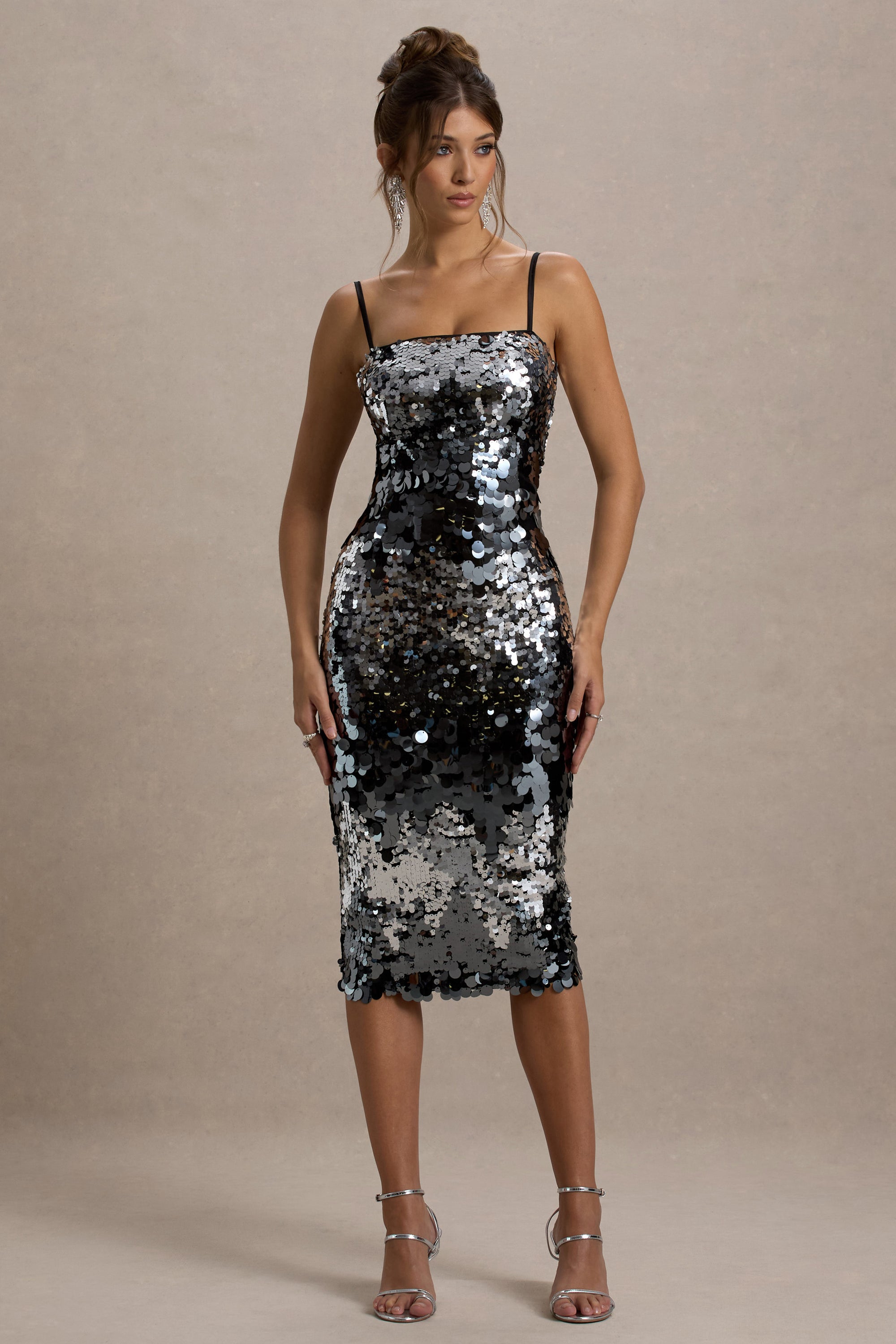 sequin midi dress australia Azure | Silver Sequin Strappy Midi Dress – Club L London