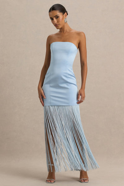 Trinity | Powder Blue Satin Bandeau Maxi Dress With Fringe – Club L London 