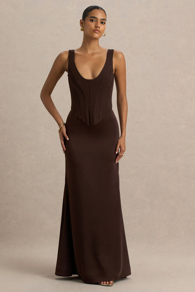 brown corset maxi dress LEAH Scarf Asymmetric Corset Maxi Dress